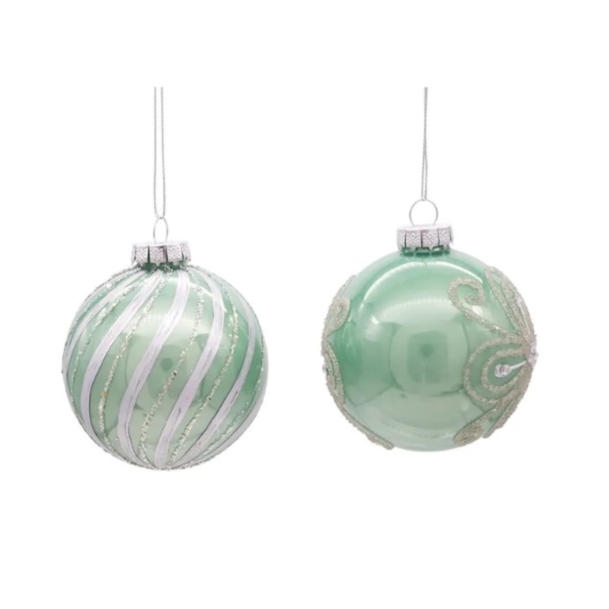 Kurt Adler Embellished Glass Ball Ornaments, Silver/Pale Aqua, 6-Piece Box, 80MM