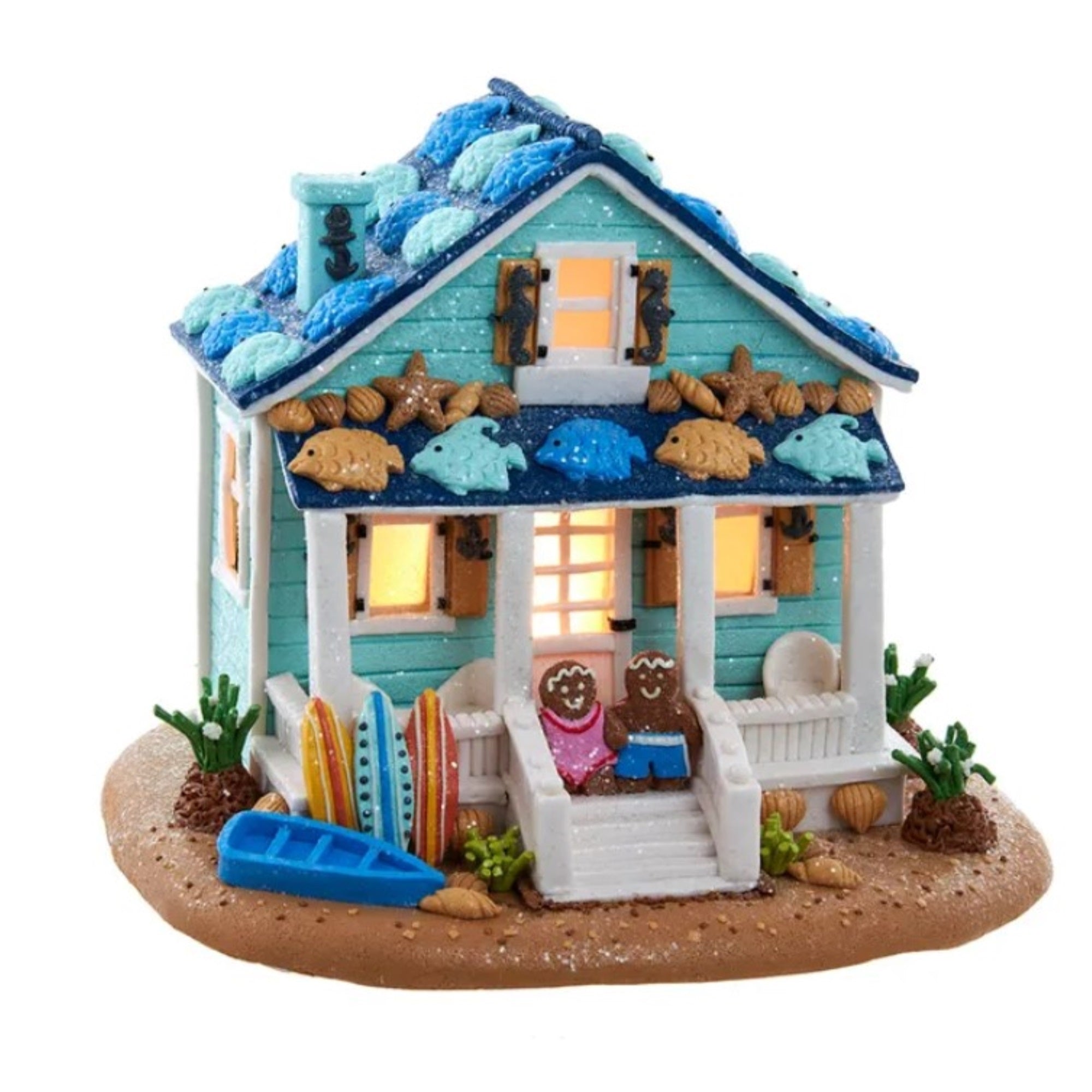 Kurt Adler Corded Pre-Lit Table Piece, Gingerbread Beach House, 8"