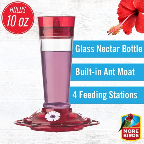 More Birds Classic Glass Ruby Hummingbird Feeder — Built-In Ant Moat, 4 Ports — 10 oz