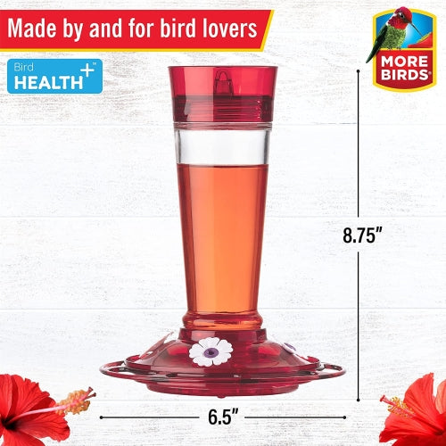 More Birds Classic Glass Ruby Hummingbird Feeder — Built-In Ant Moat, 4 Ports — 10 oz
