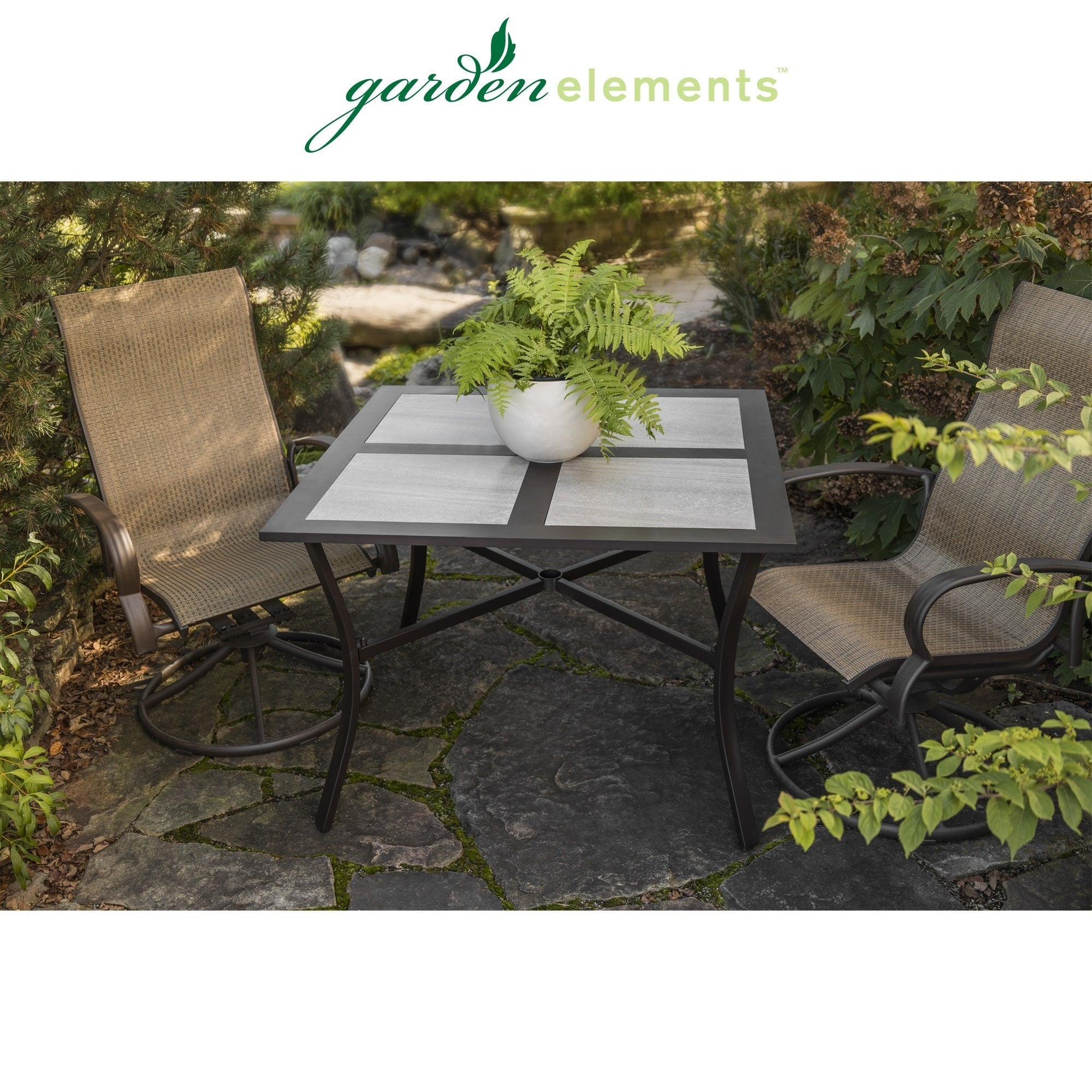 Garden Elements Square Dining Table with Porcelain Tile Top, Aluminum Frame & Umbrella Hole - Ideal for Outdoor Use, Brown & Gray, 40"