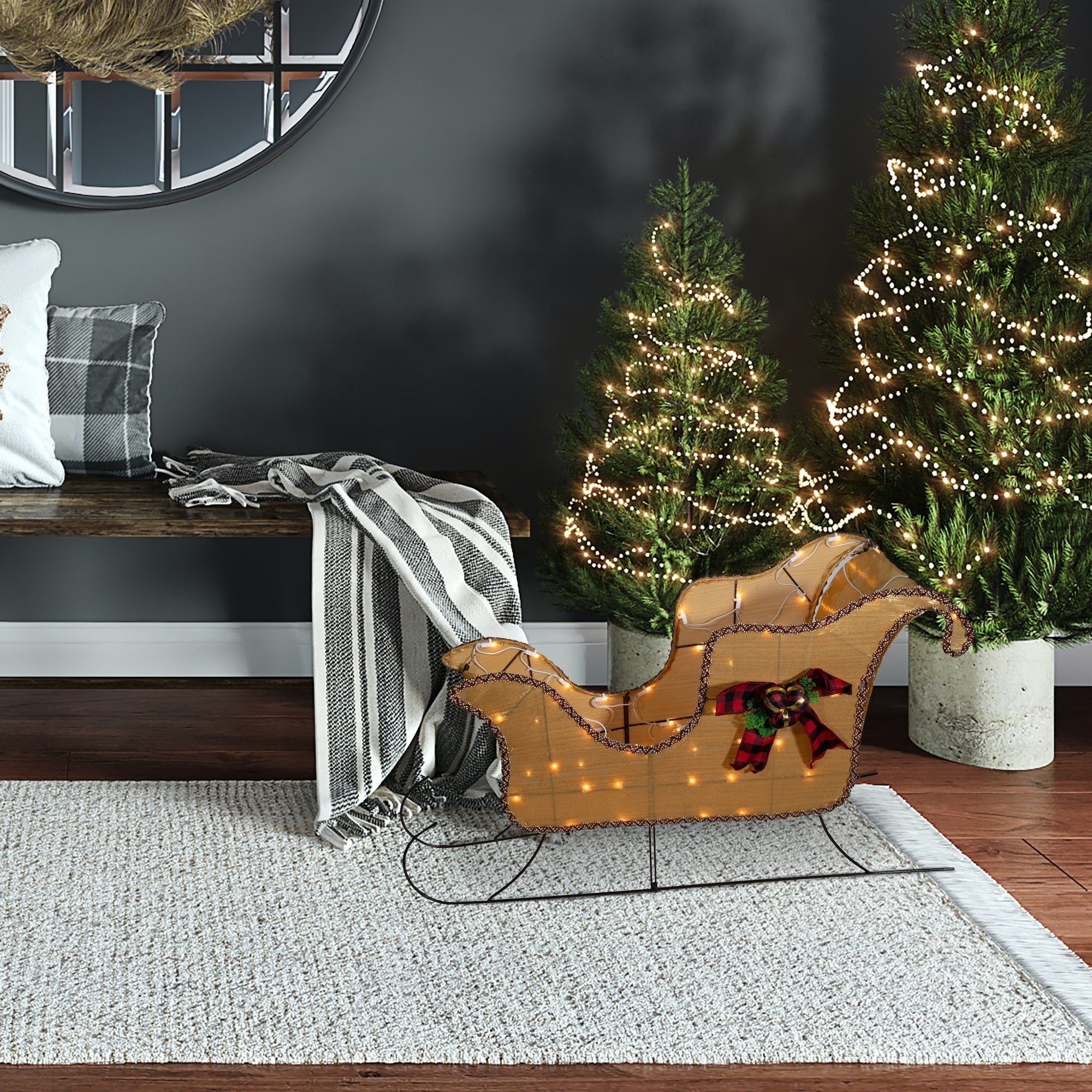 Good Tidings Pre-Lit Christmas Lawn Decoration, Gold Sleigh with Red Bow