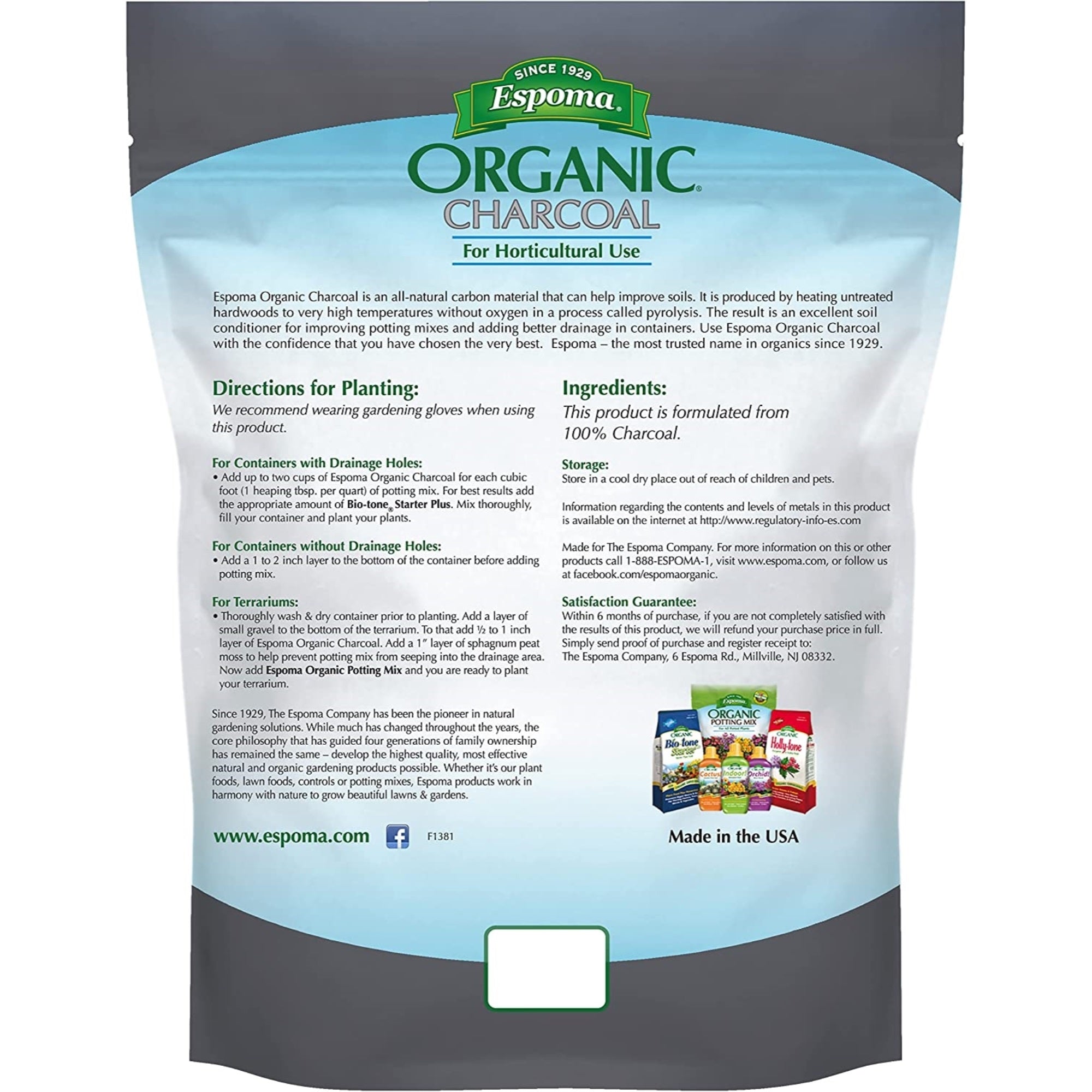 Espoma Organic Charcoal for Horticultural Use, All Natural Charcoal for Organic Gardening, Helps Improve Drainage in Containers and Terrariums, 4qt