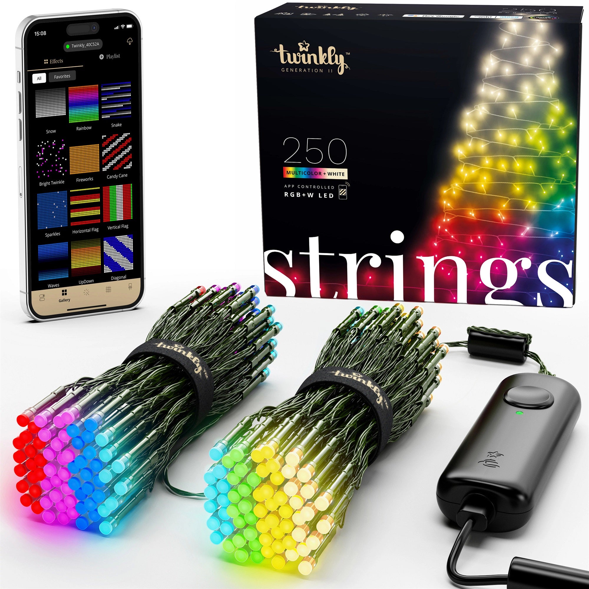 Twinkly Strings App Controlled Flexible Green Wire Christmas Light String Indoor and Outdoor Smart Home Lighting Decoration, RGB + White LED