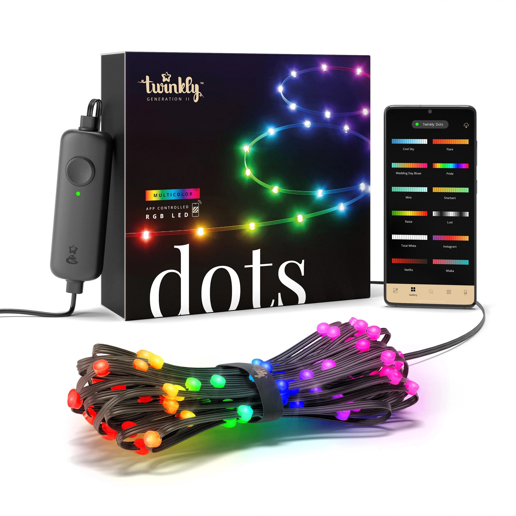 Twinkly Dots App Controlled Flexible Black Wire Light Strings Indoor and Outdoor Smart Home Lighting Decoration, Multicolor LED