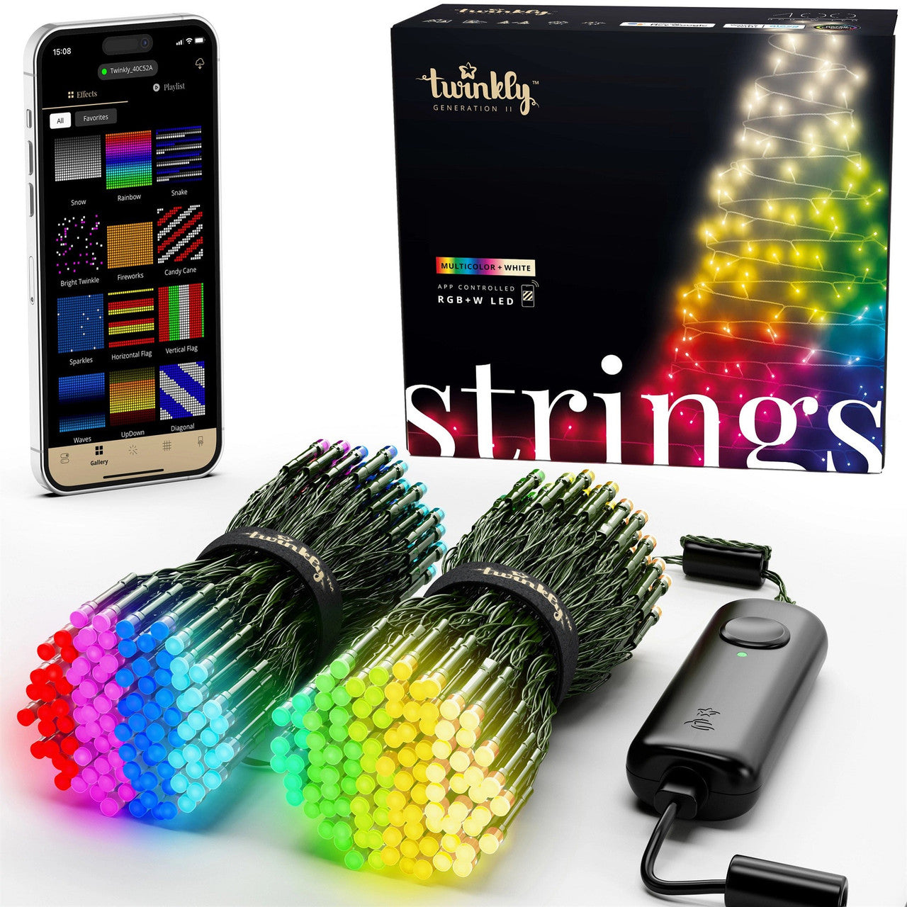 Twinkly Strings App Controlled Flexible Green Wire Christmas Light String Indoor and Outdoor Smart Home Lighting Decoration, RGB + White LED