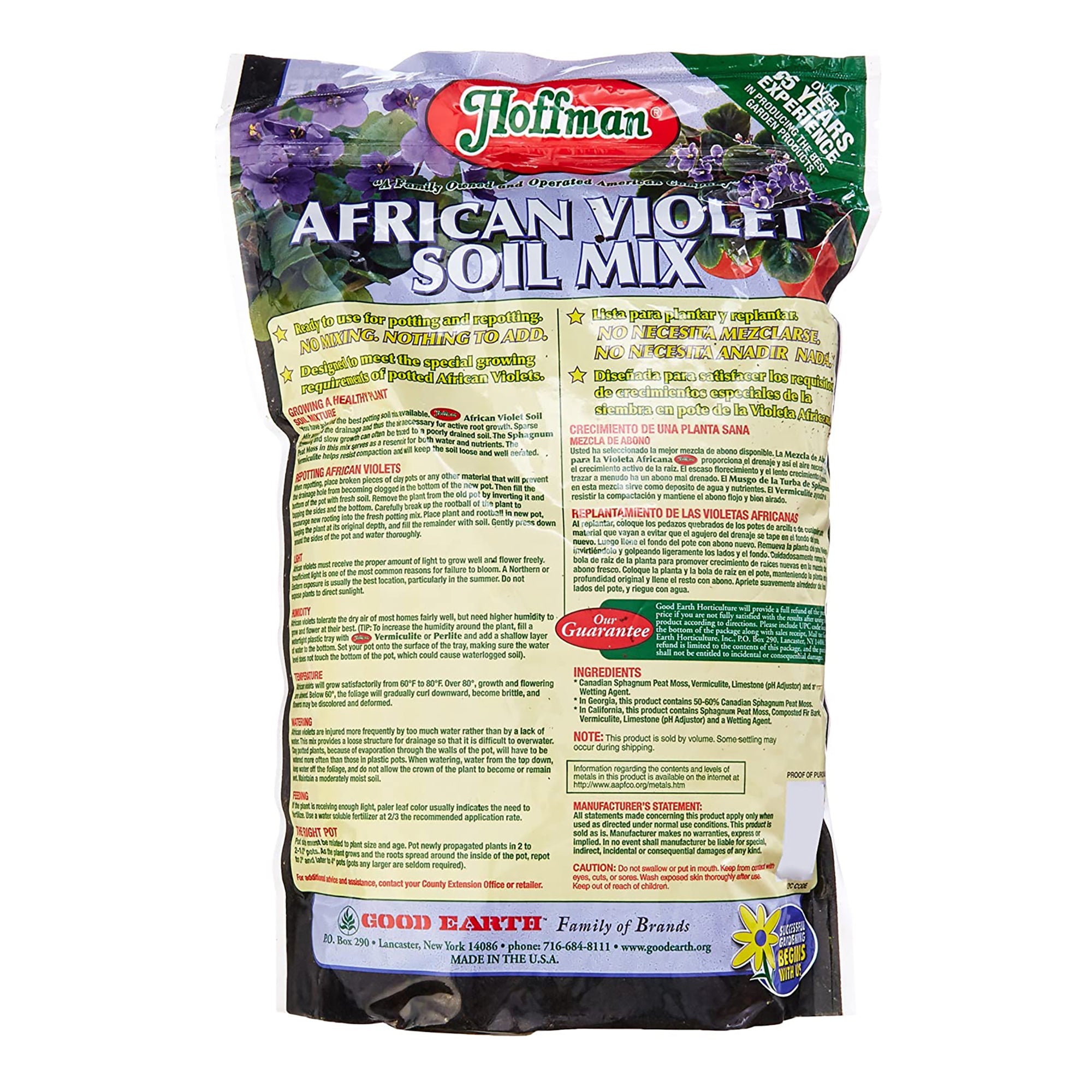 Hoffman Organic African Violet Soil Mix — Promotes Long Blooms & Healthy Growth — 4qt