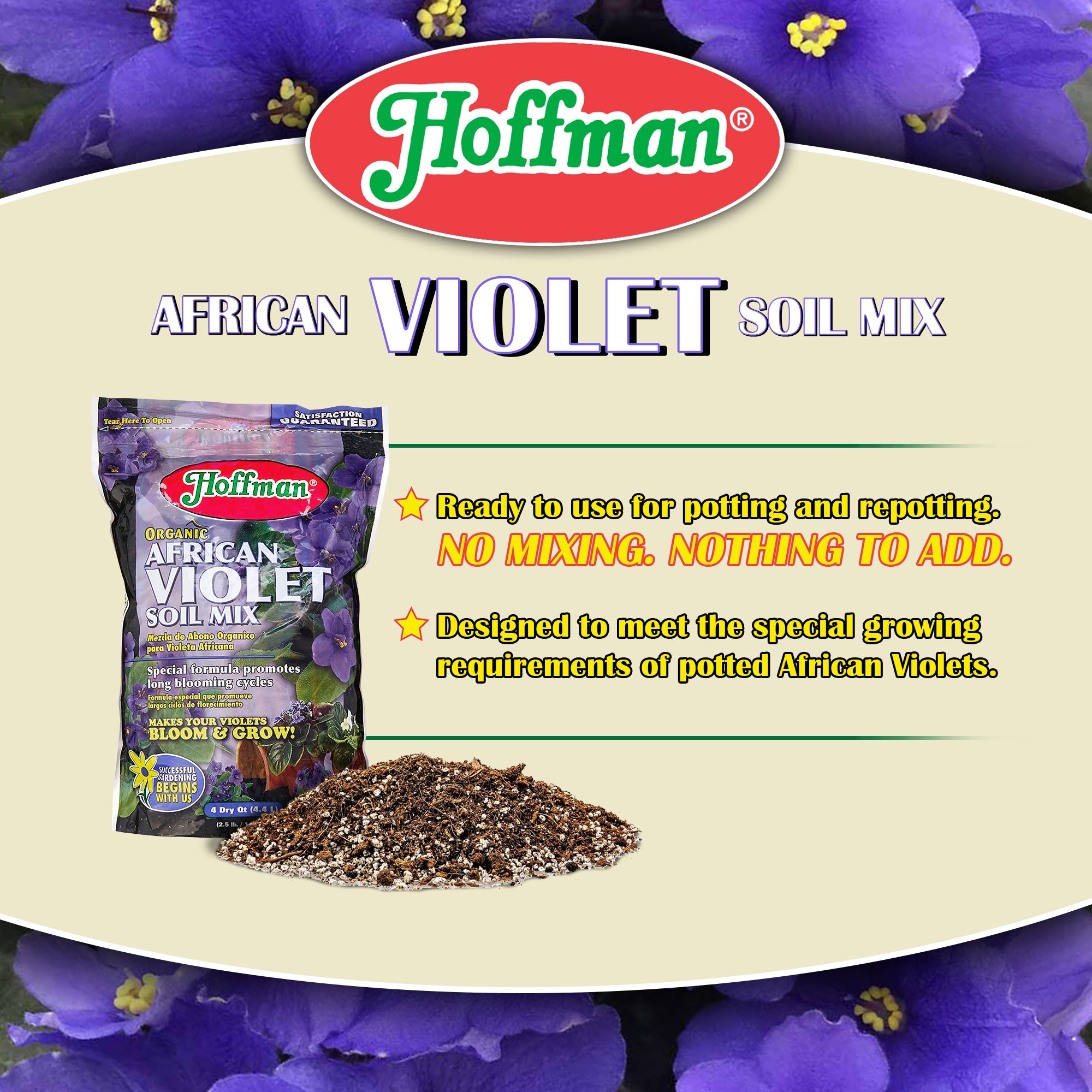 Hoffman Organic African Violet Soil Mix — Promotes Long Blooms & Healthy Growth — 4qt