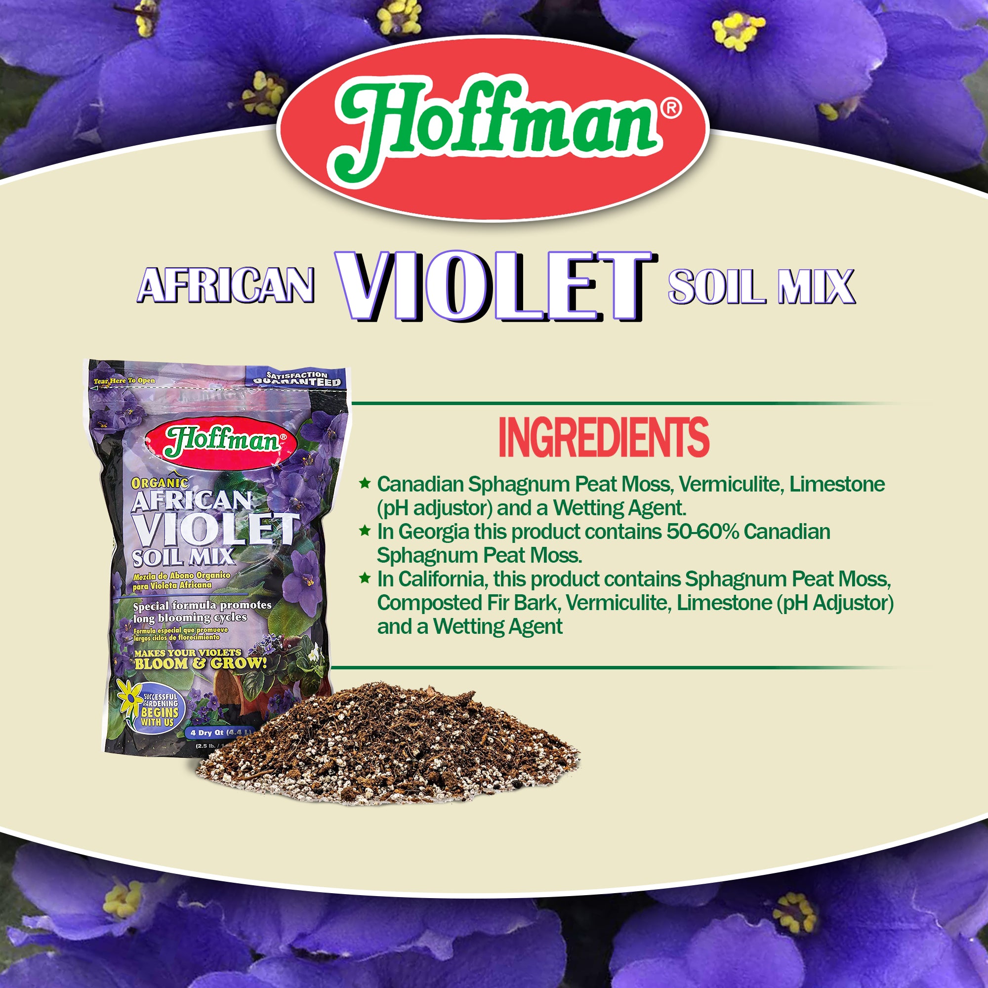 Hoffman Organic African Violet Soil Mix — Promotes Long Blooms & Healthy Growth — 4qt