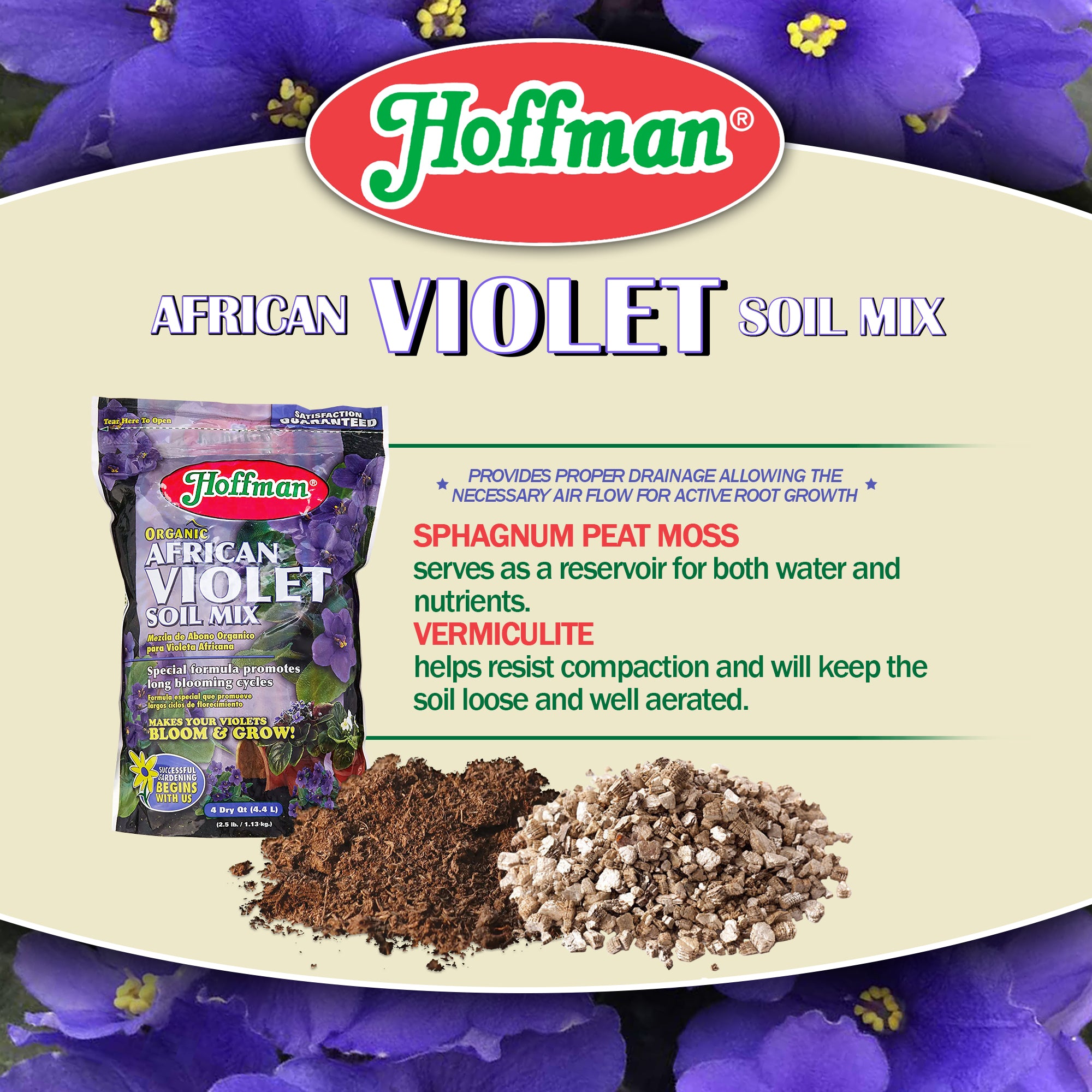 Hoffman Organic African Violet Soil Mix — Promotes Long Blooms & Healthy Growth — 4qt