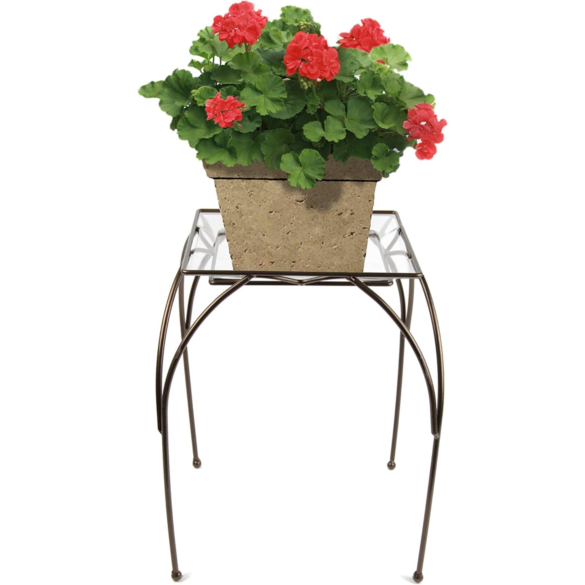 Plastec Square Metal Saucer Table w/ Decorative Plastic Saucer, Dark Bronze, 15"