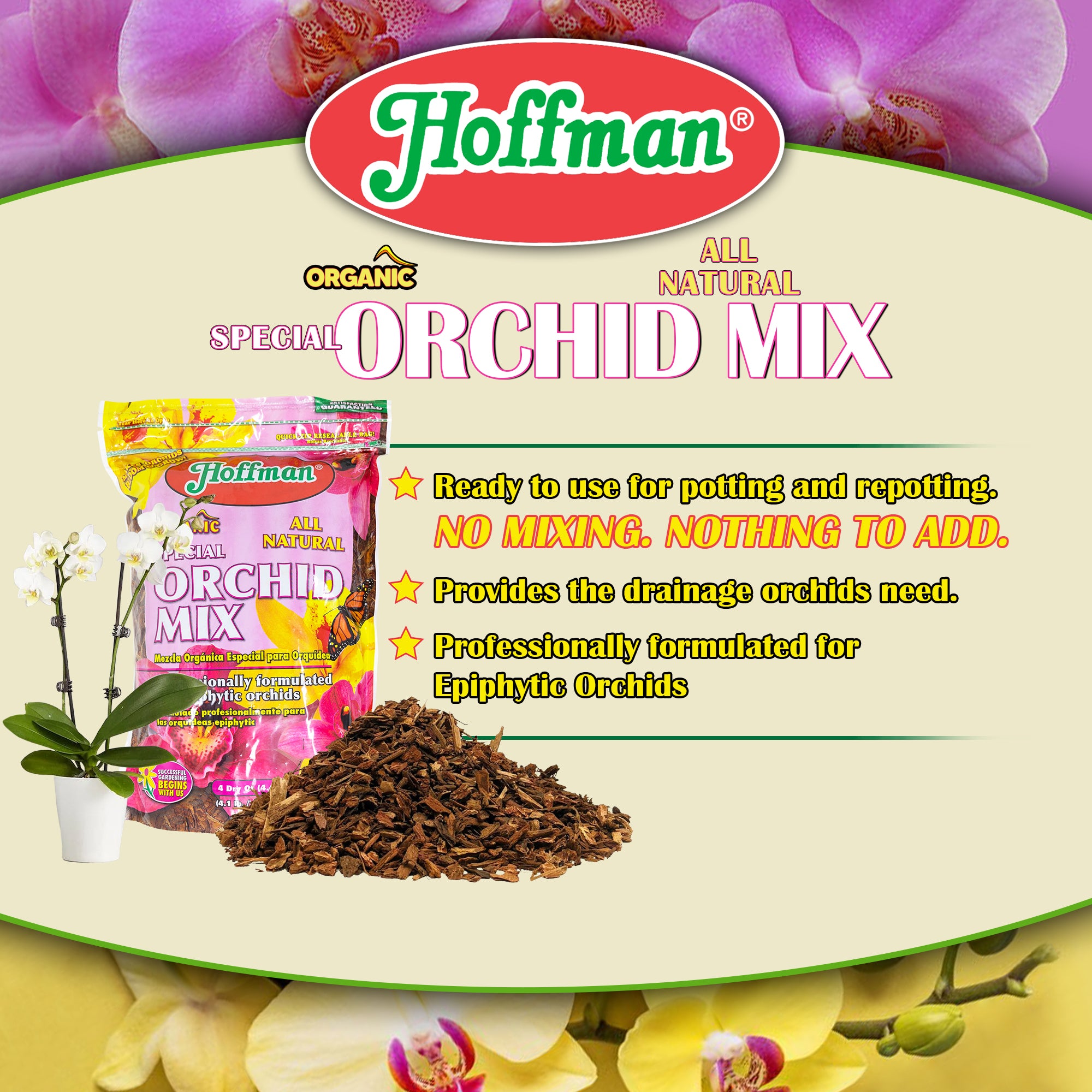 Hoffman Organic All-Natural Pre-Mixed Special Orchid Potting Mix for Better Blooms in Epiphytic Orchids, 4qt