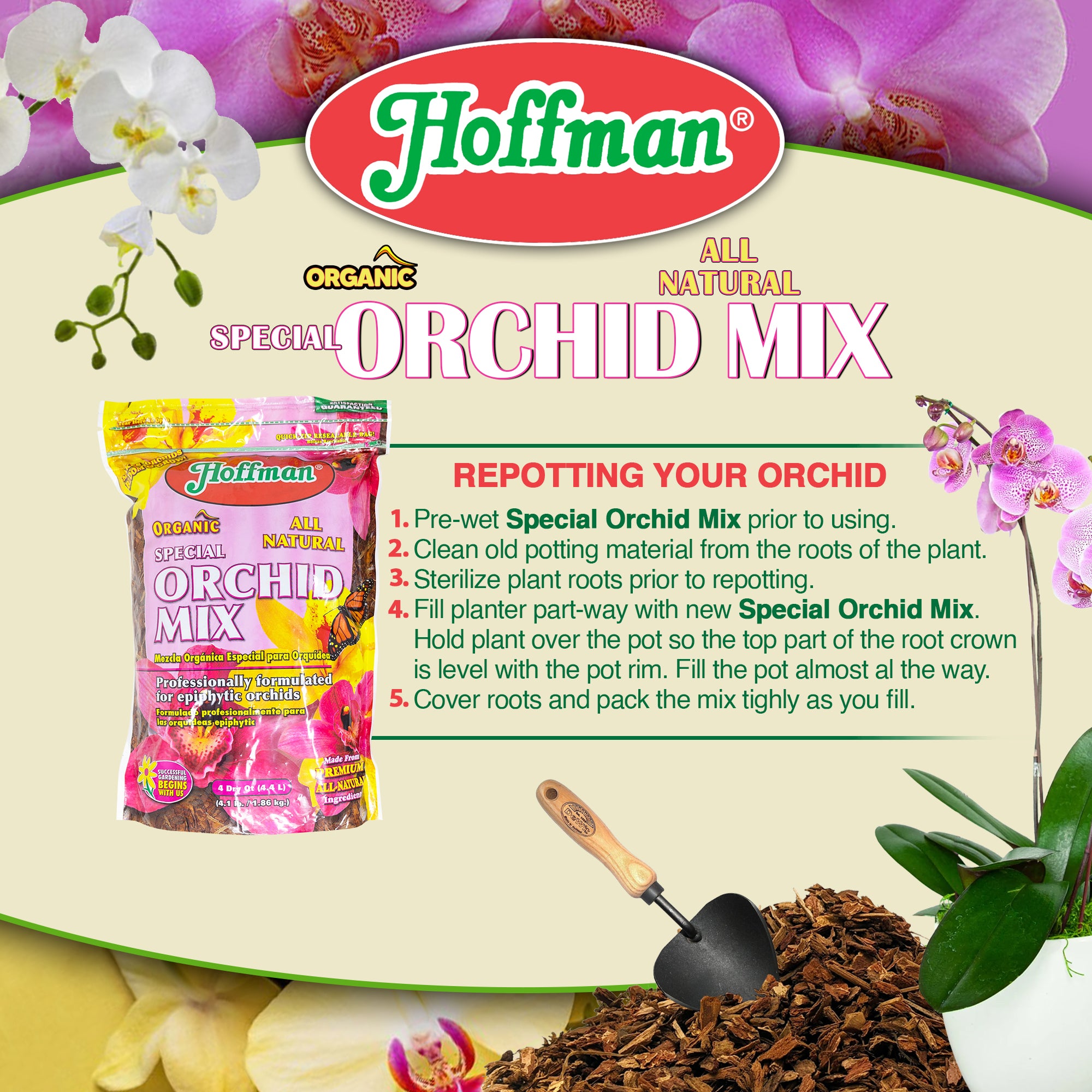 Hoffman Organic All-Natural Pre-Mixed Special Orchid Potting Mix for Better Blooms in Epiphytic Orchids, 4qt