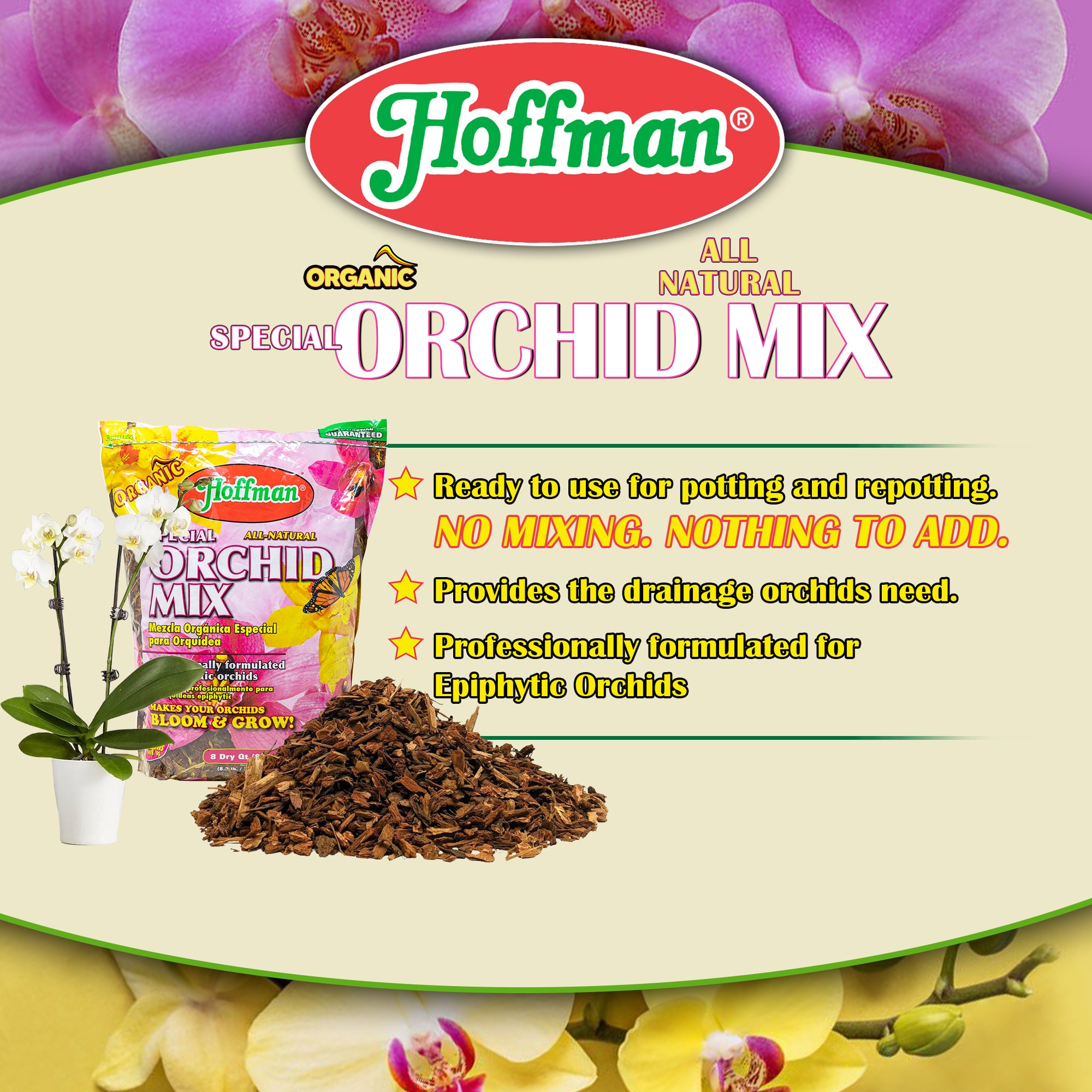 Hoffman Organic All-Natural Pre-Mixed Special Orchid Potting Mix for Better Blooms in Epiphytic Orchids, 8qt