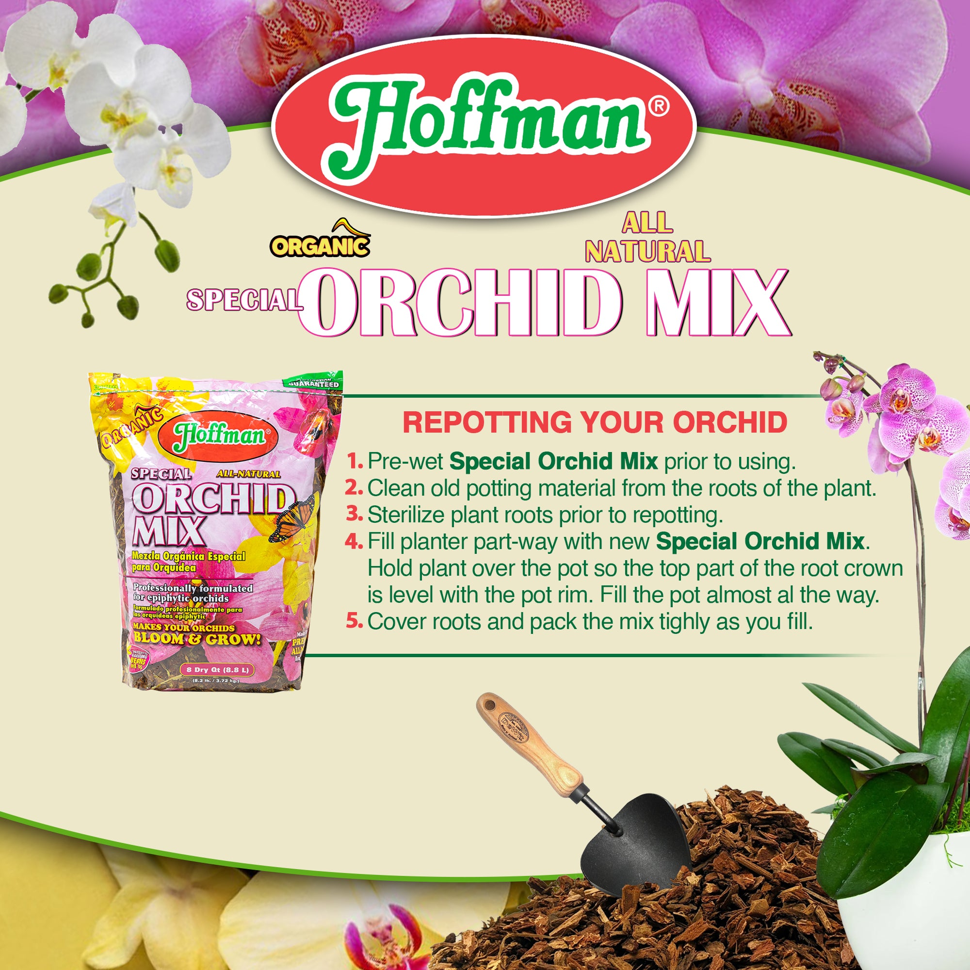 Hoffman Organic All-Natural Pre-Mixed Special Orchid Potting Mix for Better Blooms in Epiphytic Orchids, 8qt