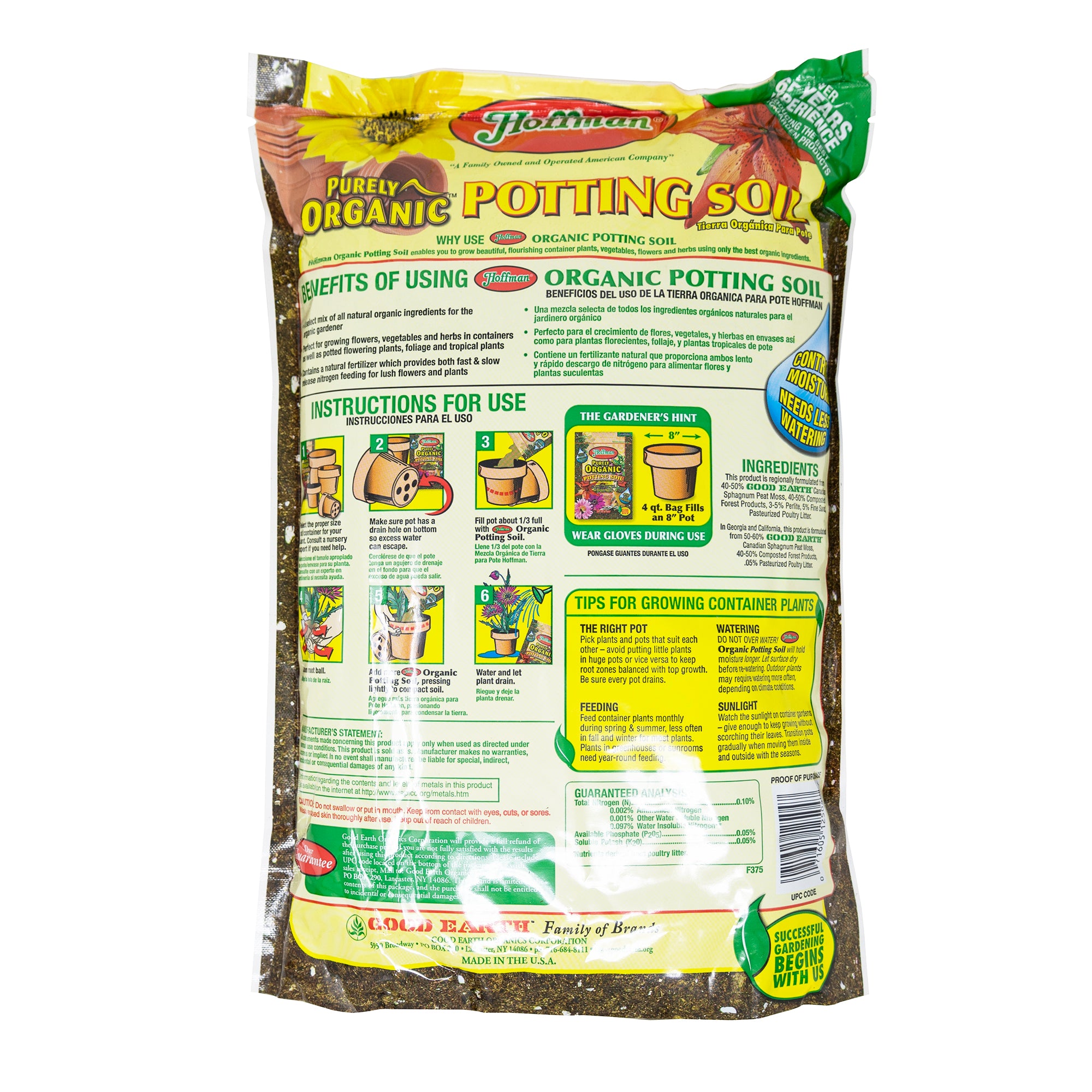 Hoffman Purely Organic Potting Soil Plus Moisture Control Blend for Vegetables, Herbs, and Flowers, 4qts