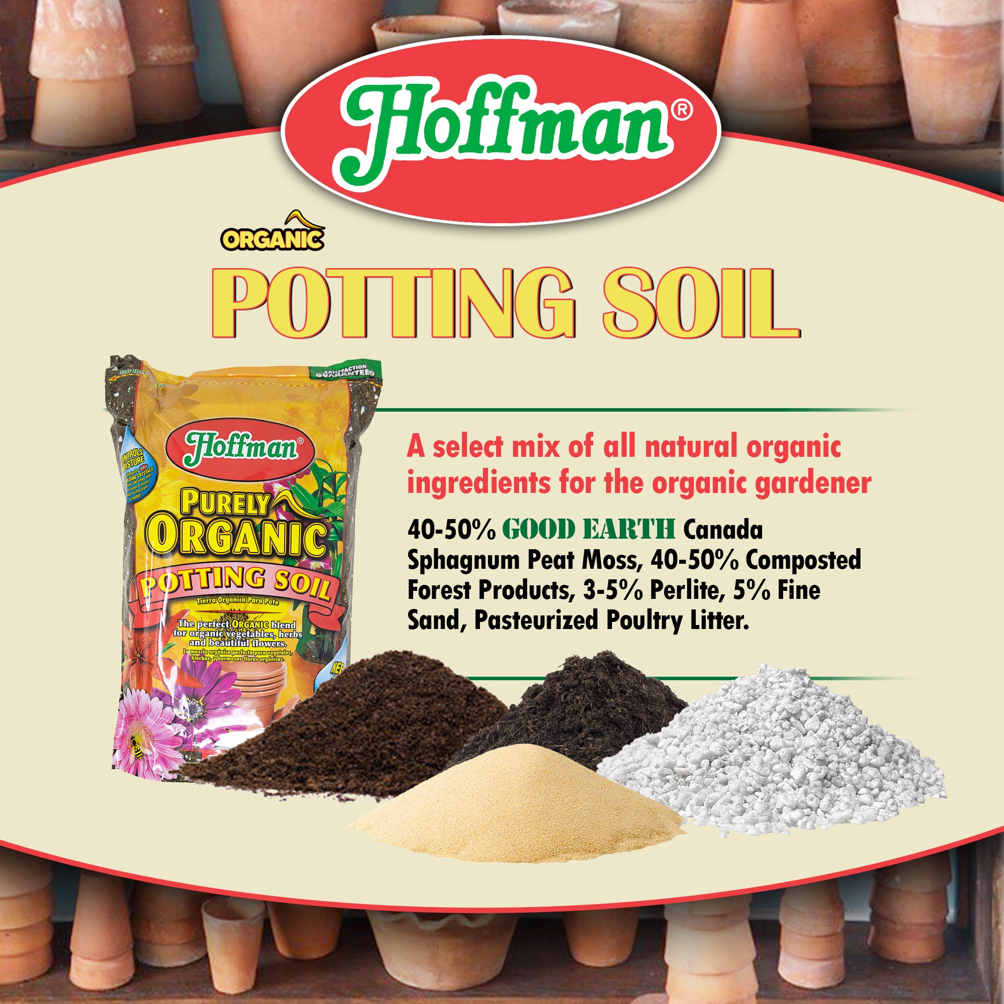 Hoffman Purely Organic Potting Soil Plus Moisture Control Blend for Vegetables, Herbs, and Flowers, 4qts