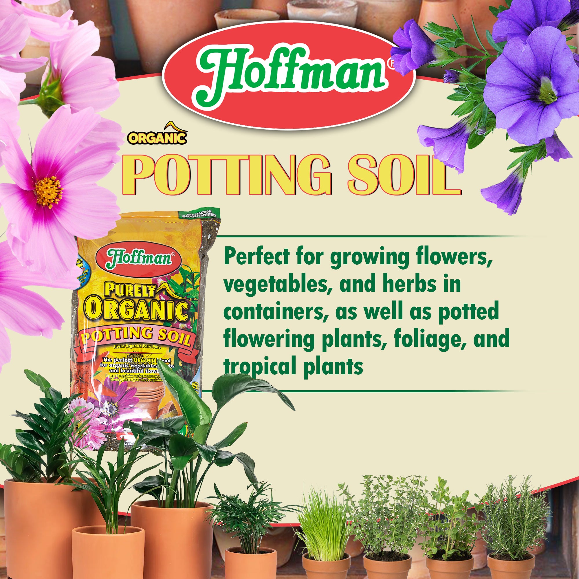 Hoffman Purely Organic Potting Soil Plus Moisture Control Blend for Vegetables, Herbs, and Flowers, 4qts