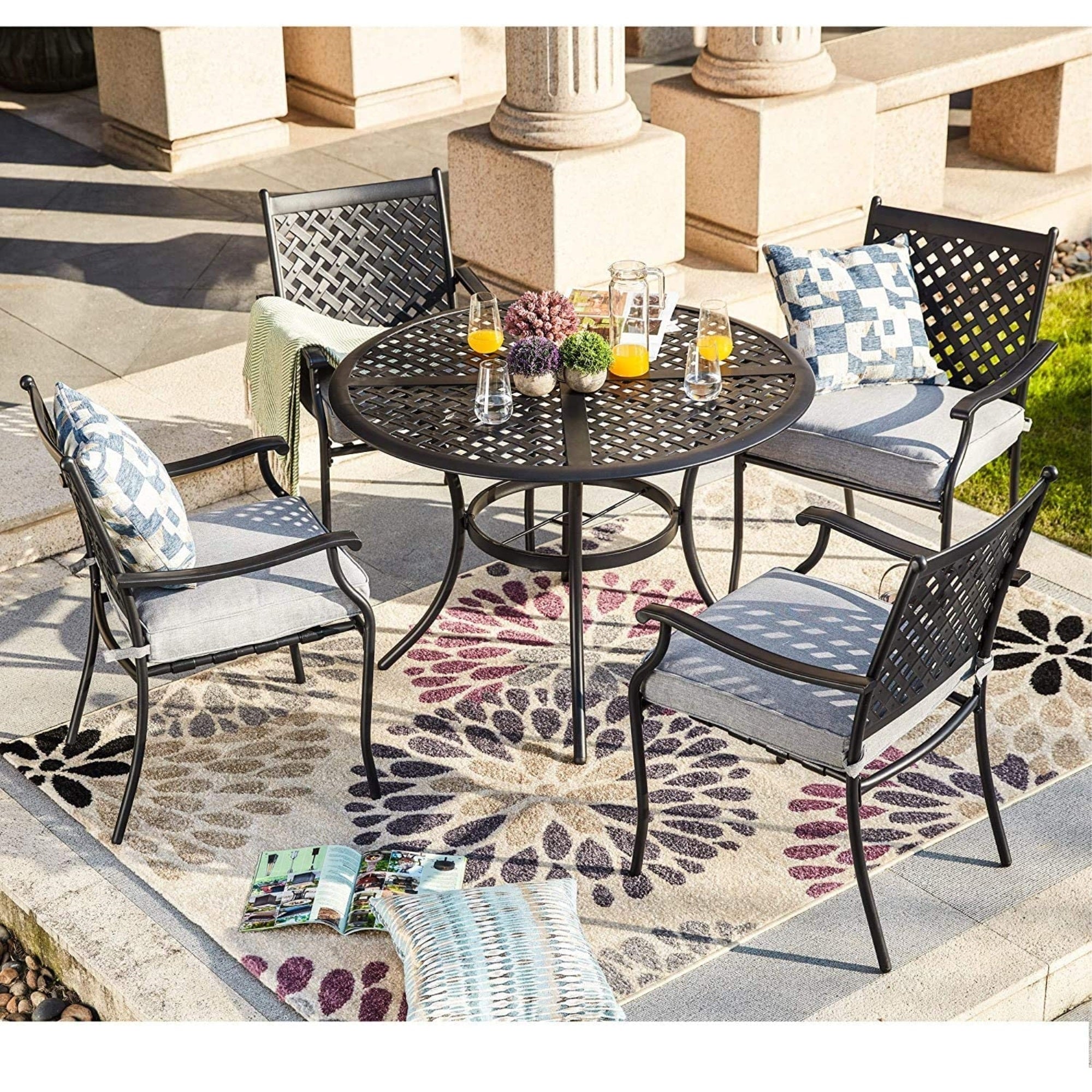 Garden Elements 5-Piece Outdoor Patio Dining Set – 42" Round Table with Umbrella Hole & 4 Armrest Chairs with Cushions – Weather-Resistant Steel, Black/Gray