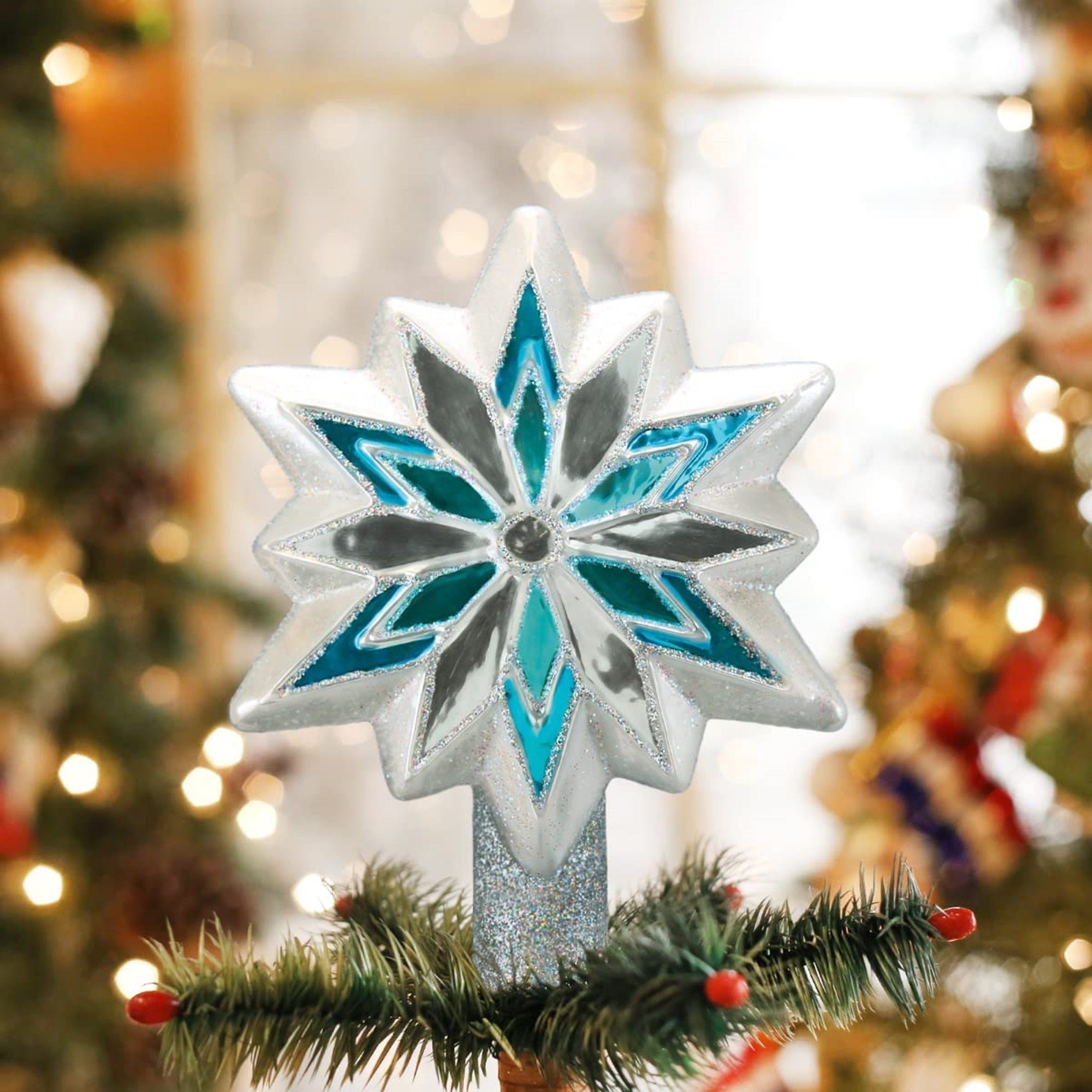 Old World Christmas Glass Blown Snowflake Tree Topper Blue, 7"