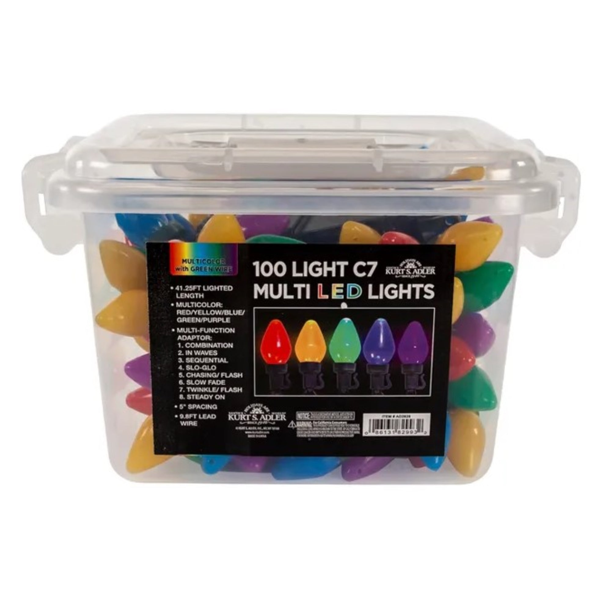 Kurt Adler Indoor & Outdoor 100-Light C7 Multicolor LED String Lights with 8 Light Settings – 41.25’ Lighted Length