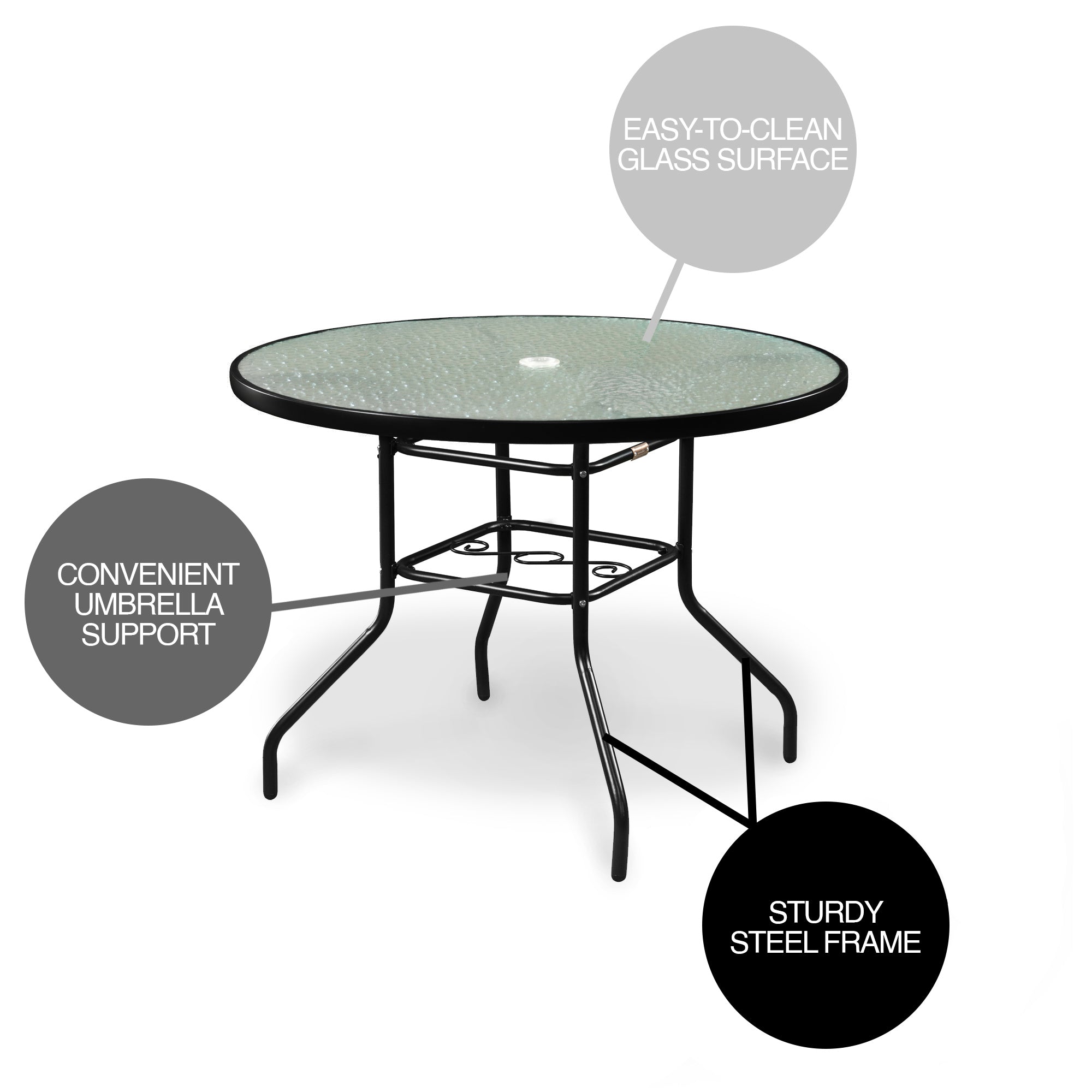 Garden Elements Outdoor Dining Table Patio Furniture, Round Steel Base and Rim with Waterwave Glass Top, Black, 40"