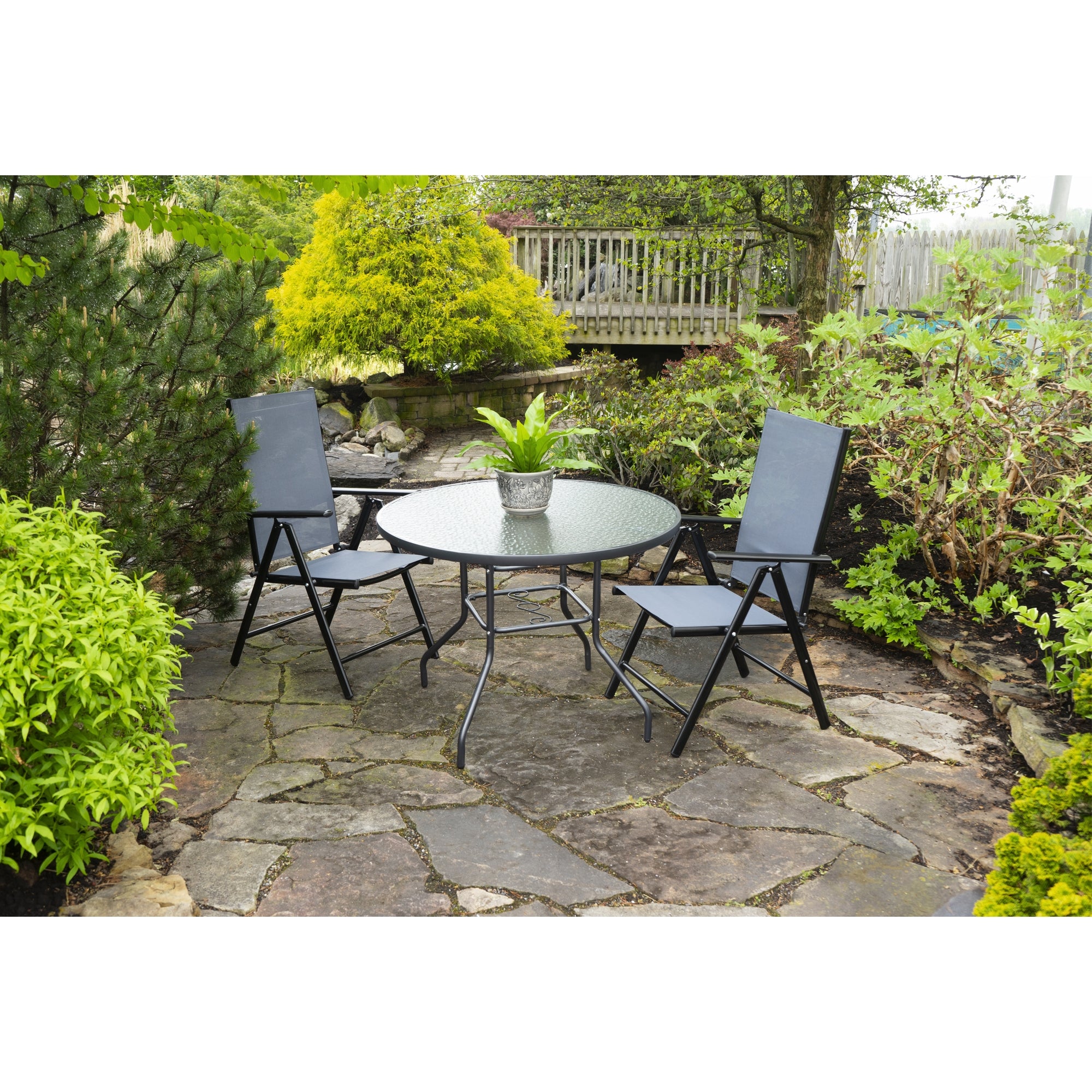 Garden Elements Outdoor Patio Furniture, Round Dining Table, Steel Base and Rim with Waterwave Glass Top, Gray, 40"