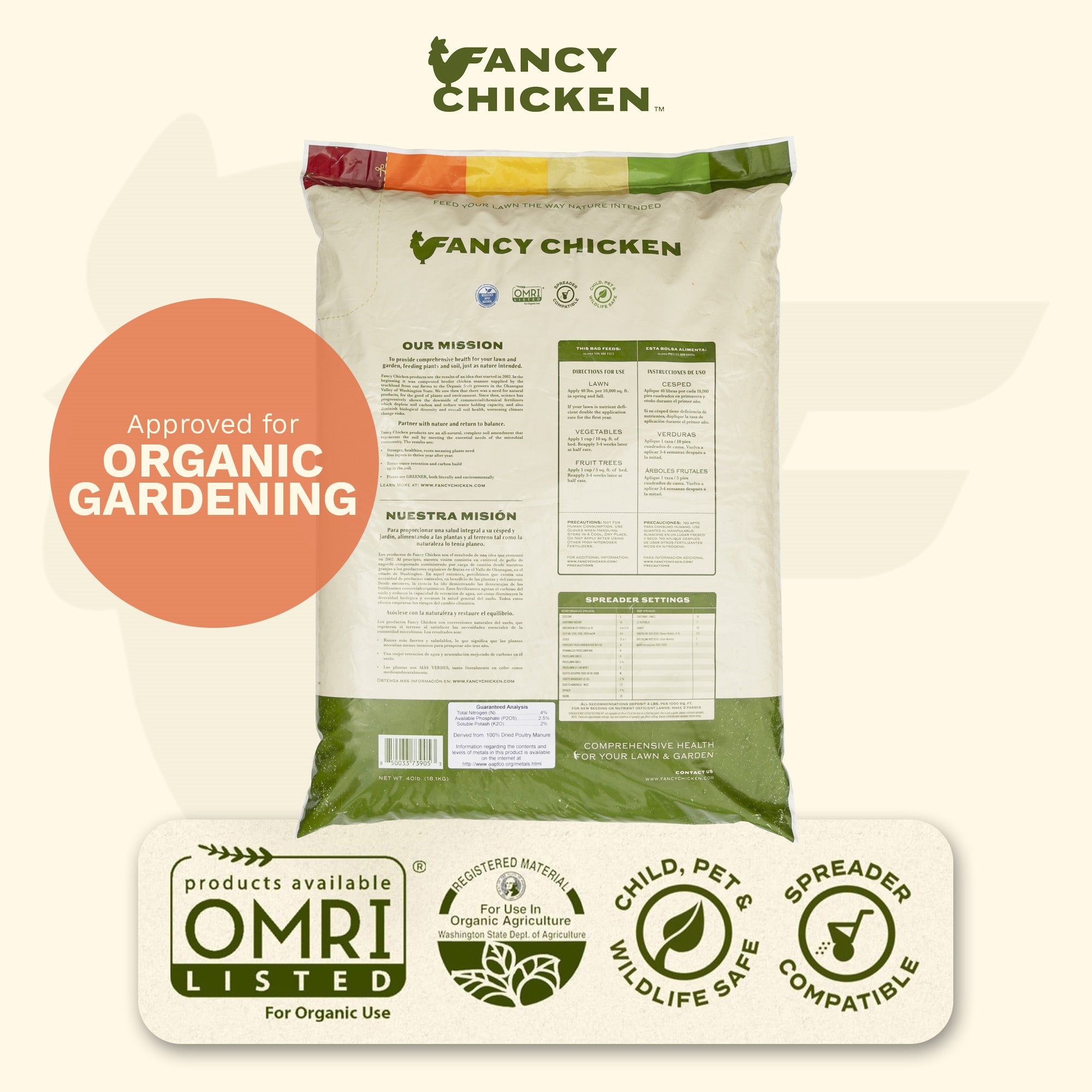 Fancy Chicken 4-2.5-2 Pelleted Organic Poultry Manure Lawn & Garden Food Fertilizer, OMRI Listed, USDA Organic, 40lb