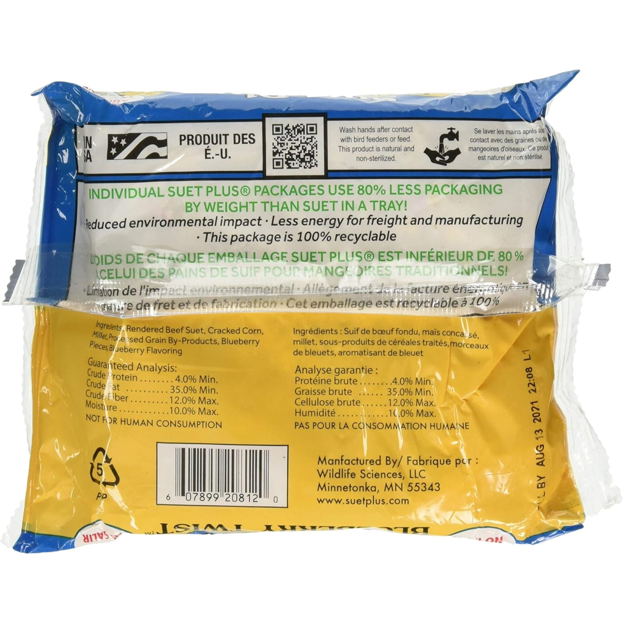 Wildlife Sciences Suet Plus Blueberry Twist Bird Feed, Melt Resistant Formula, 11oz