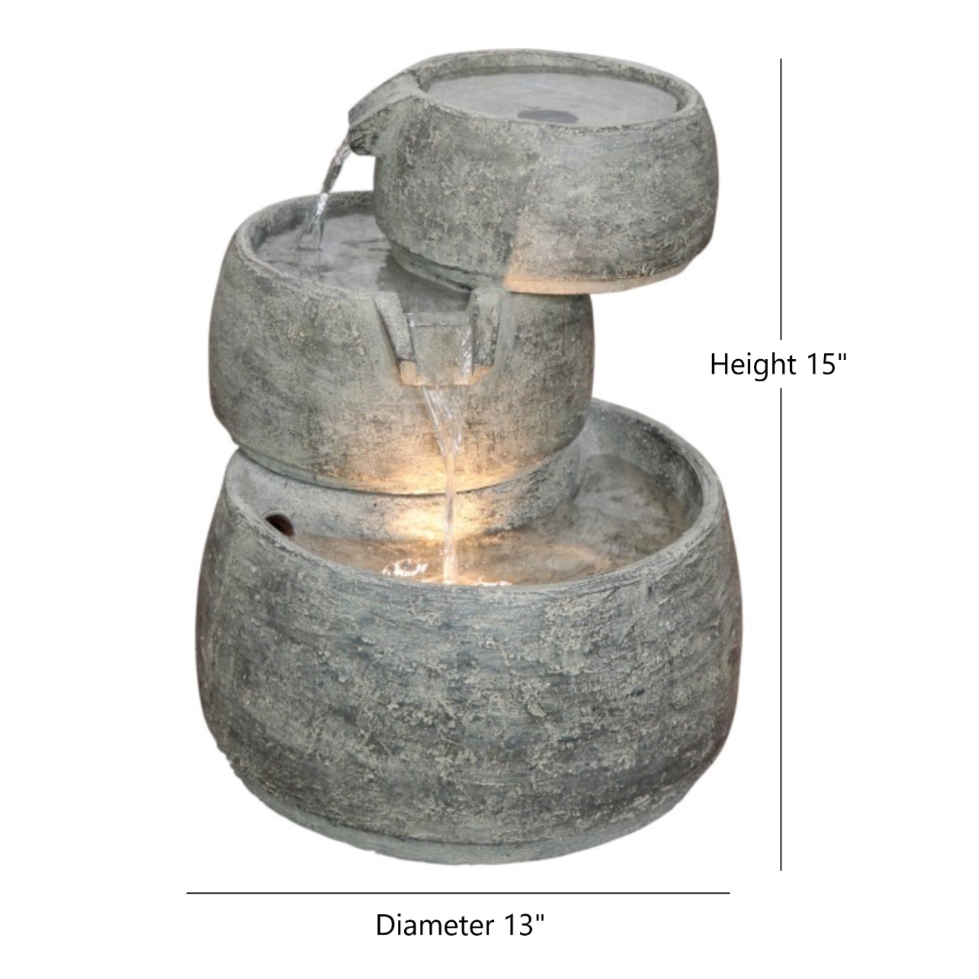 Classic Home and Garden Indoor/Outdoor 3-Tier Cascading Fountain with LED Light, Lightweight Poly-resin, Quartz Color, 15"H