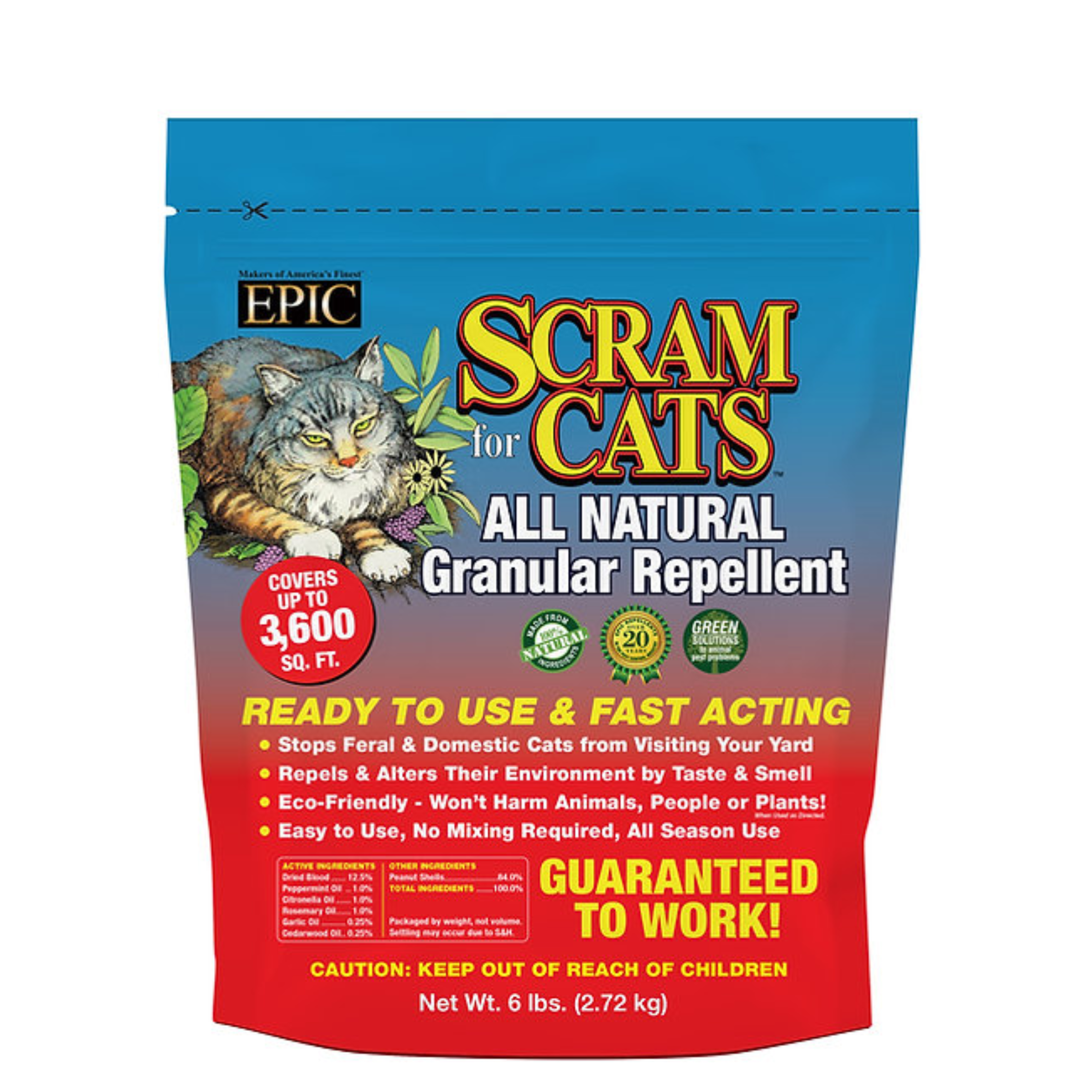 EPIC Scram for Cats All Natural Ready To Use Outdoor Granular Animal Repellent Resealable Bag, 6lbs