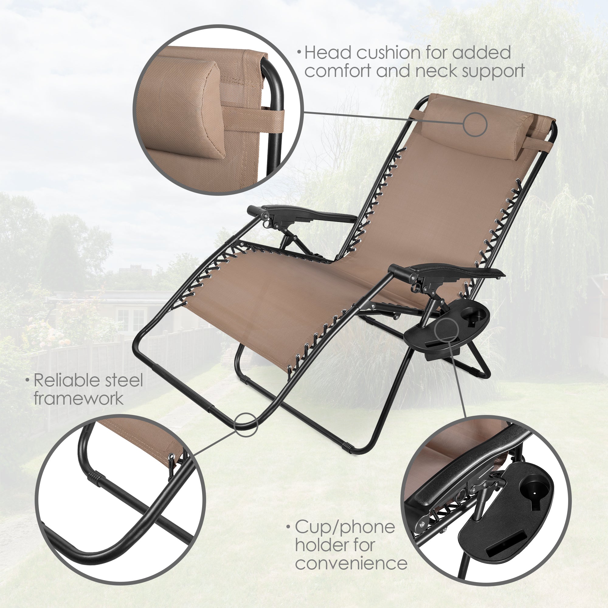 Four Seasons XL Outdoor Zero Gravity Steel Chair with Cup Holder & Tray – Adjustable Reclining Chair, Mocha