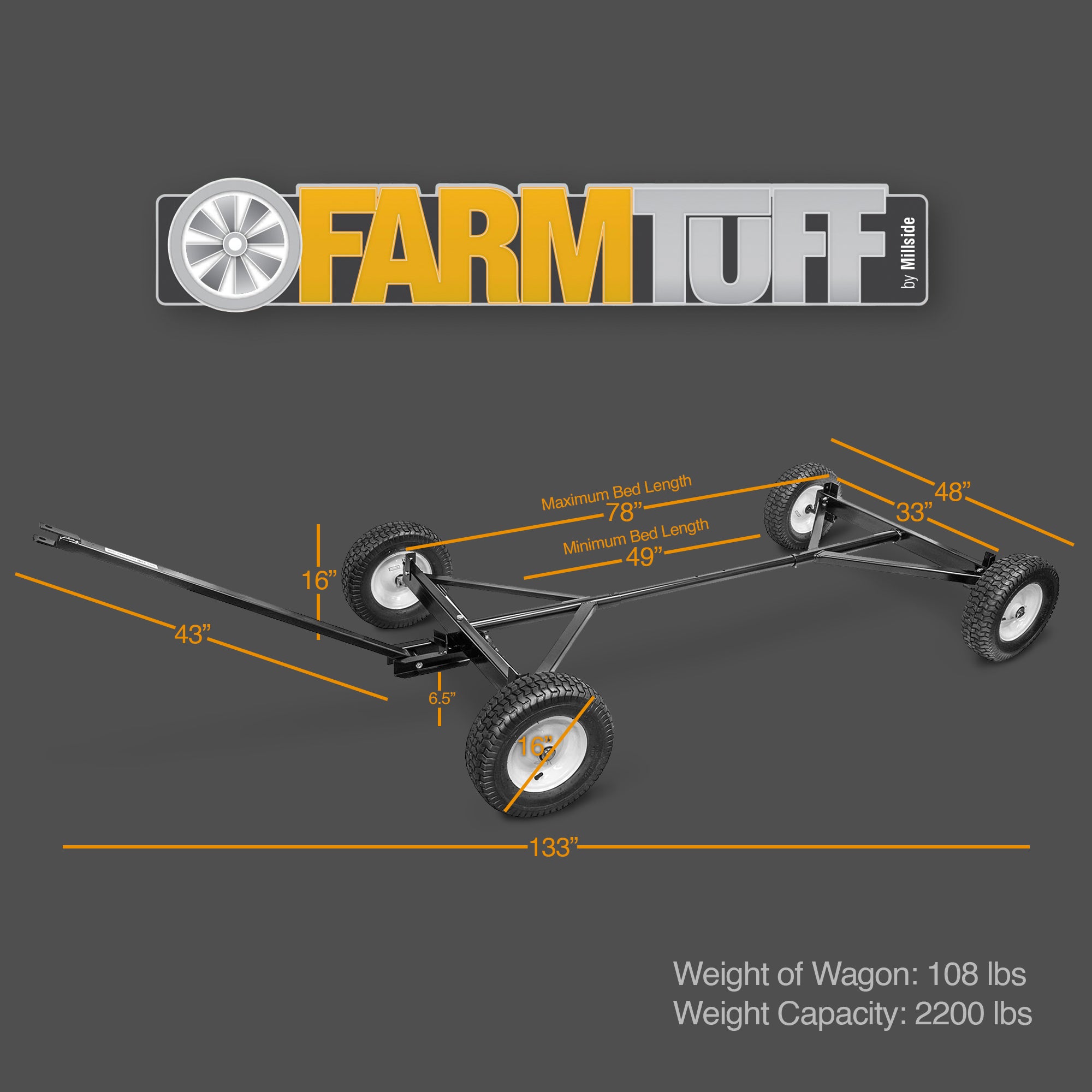 FARM-TUFF Durable ATV Alloy Steel Utility Wagon with Flat-Free Tires for Outdoor Hauling, Black, 2200lb Capacity