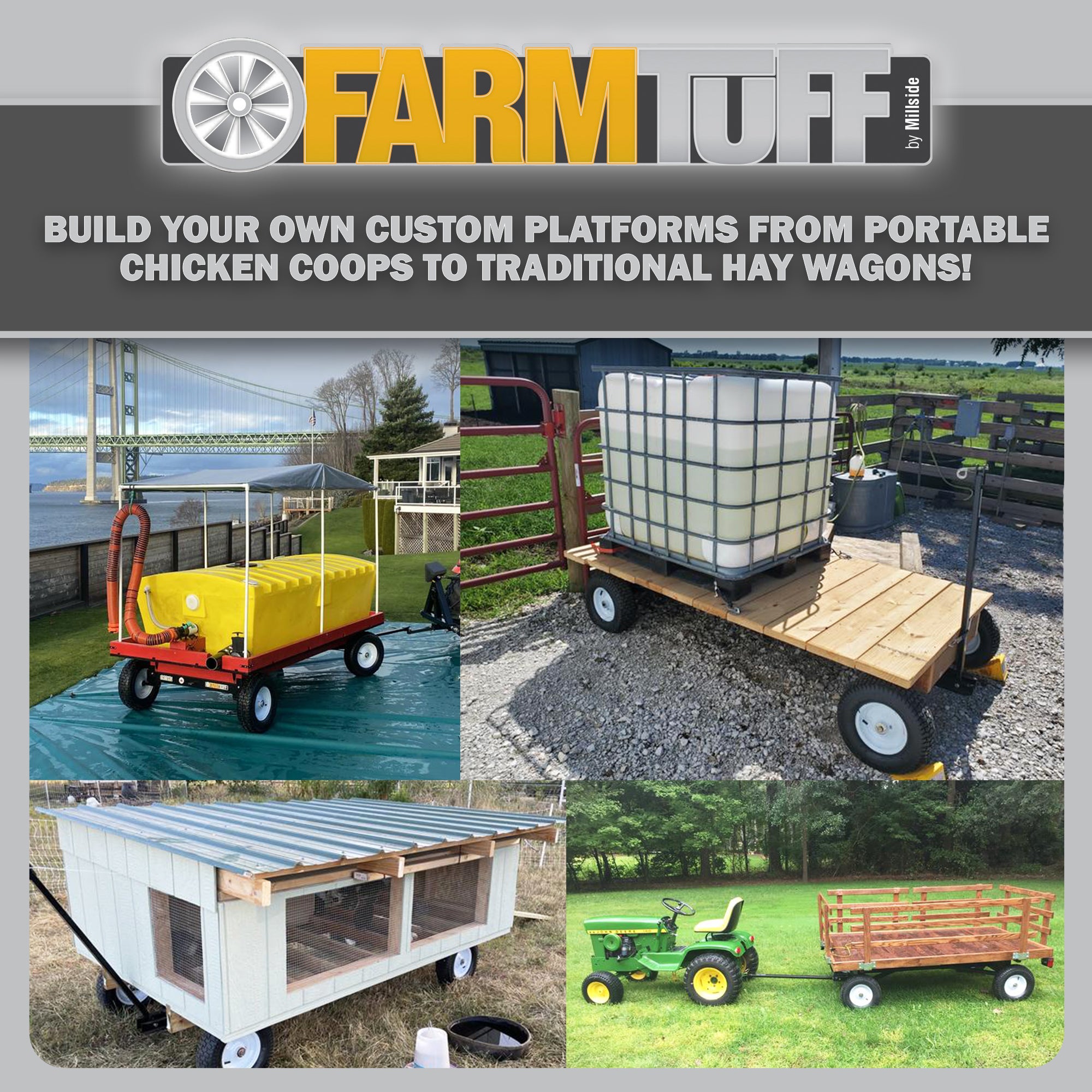FARM-TUFF Durable ATV Alloy Steel Utility Wagon with Flat-Free Tires for Outdoor Hauling, Black, 2200lb Capacity