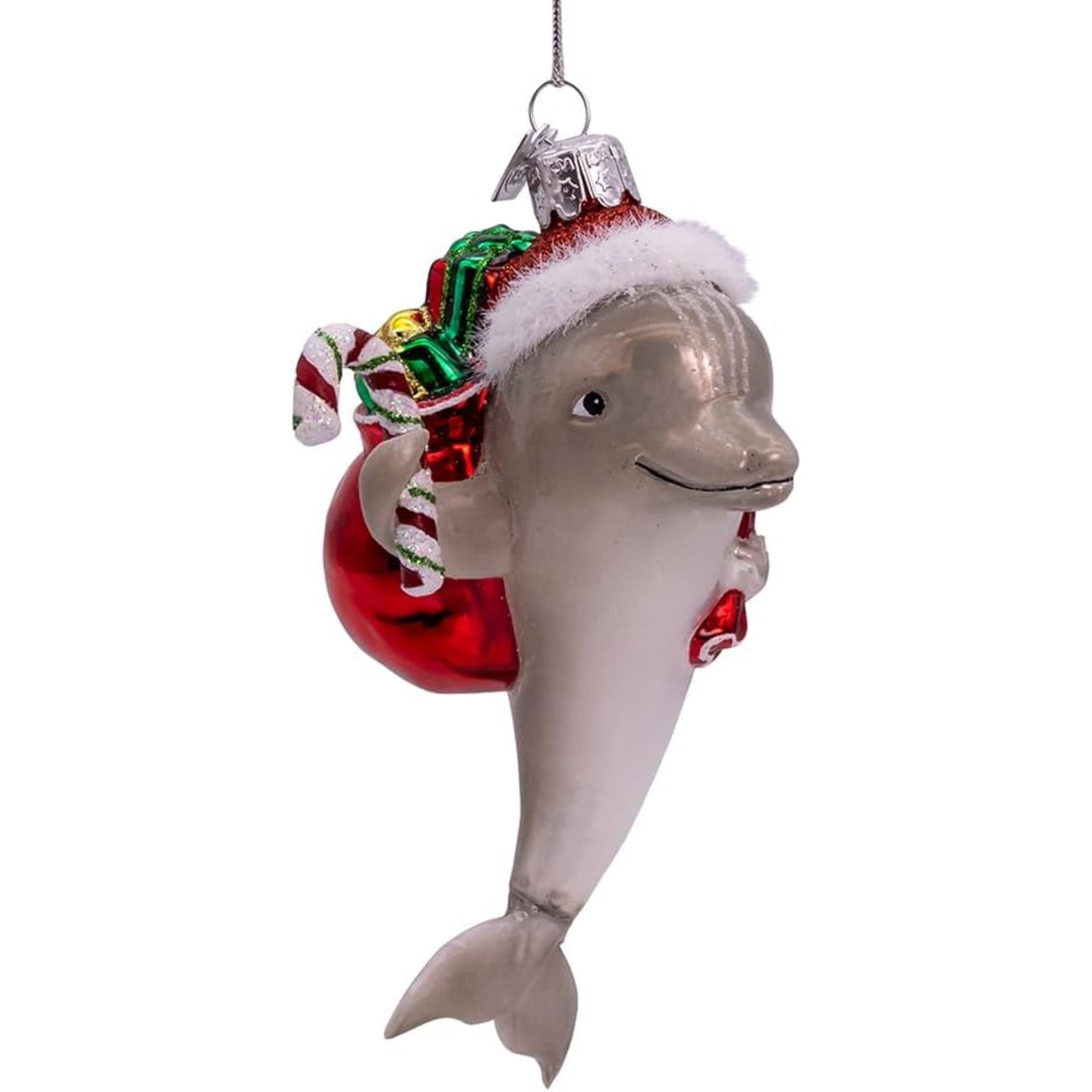 Kurt Adler Nobel Gems Glass Christmas Ornament, Dolphin with Santa Hat and Gifts