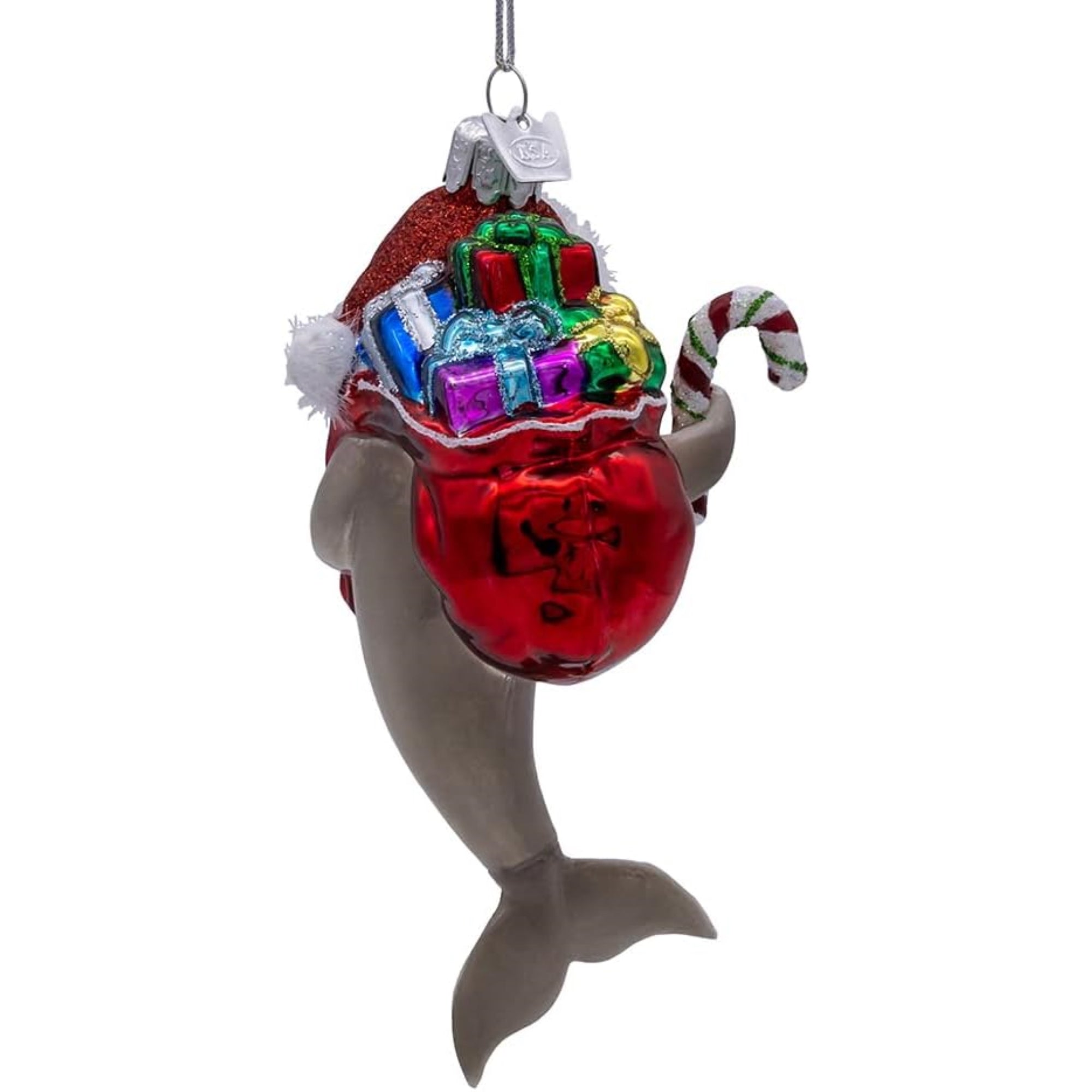 Kurt Adler Nobel Gems Glass Christmas Ornament, Dolphin with Santa Hat and Gifts