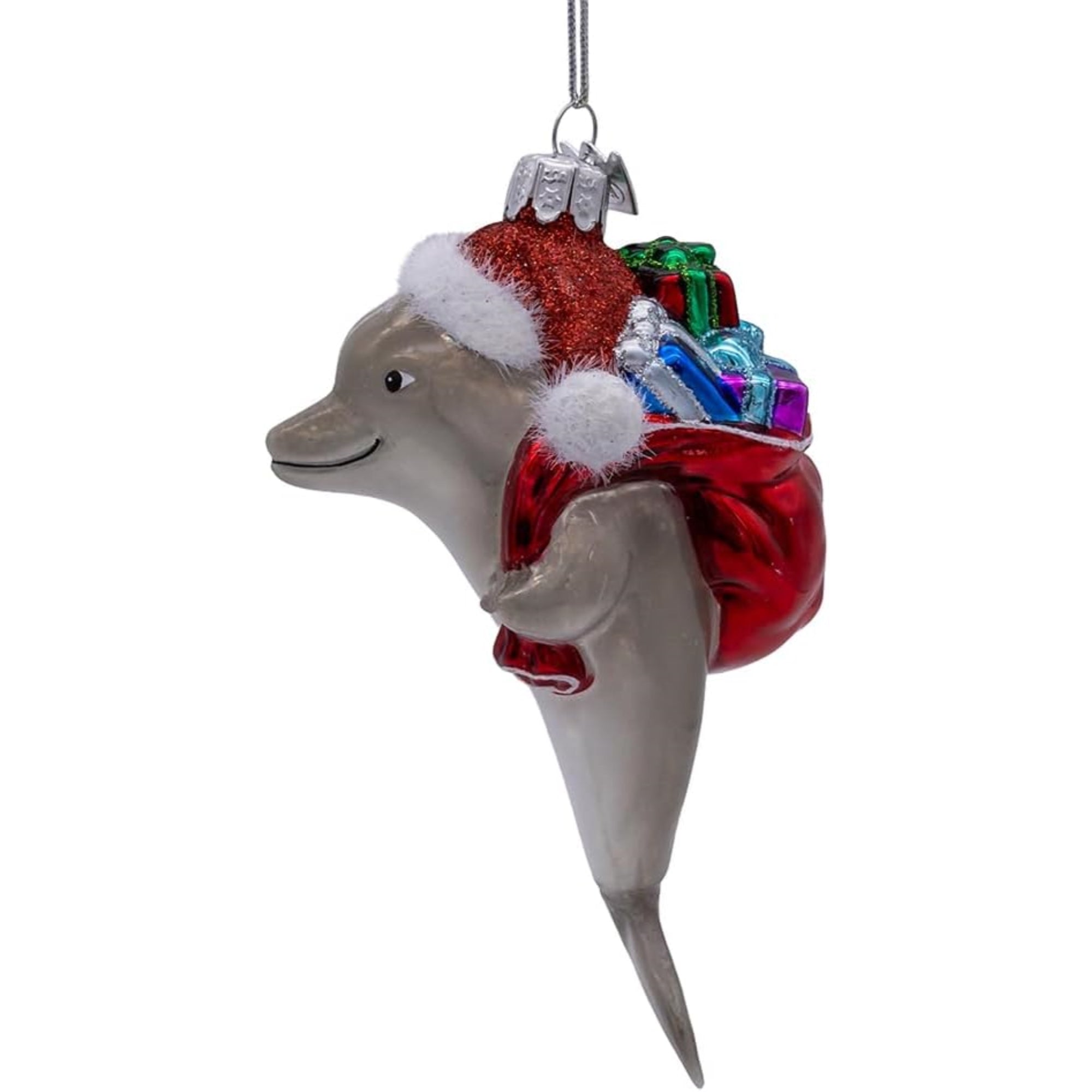 Kurt Adler Nobel Gems Glass Christmas Ornament, Dolphin with Santa Hat and Gifts