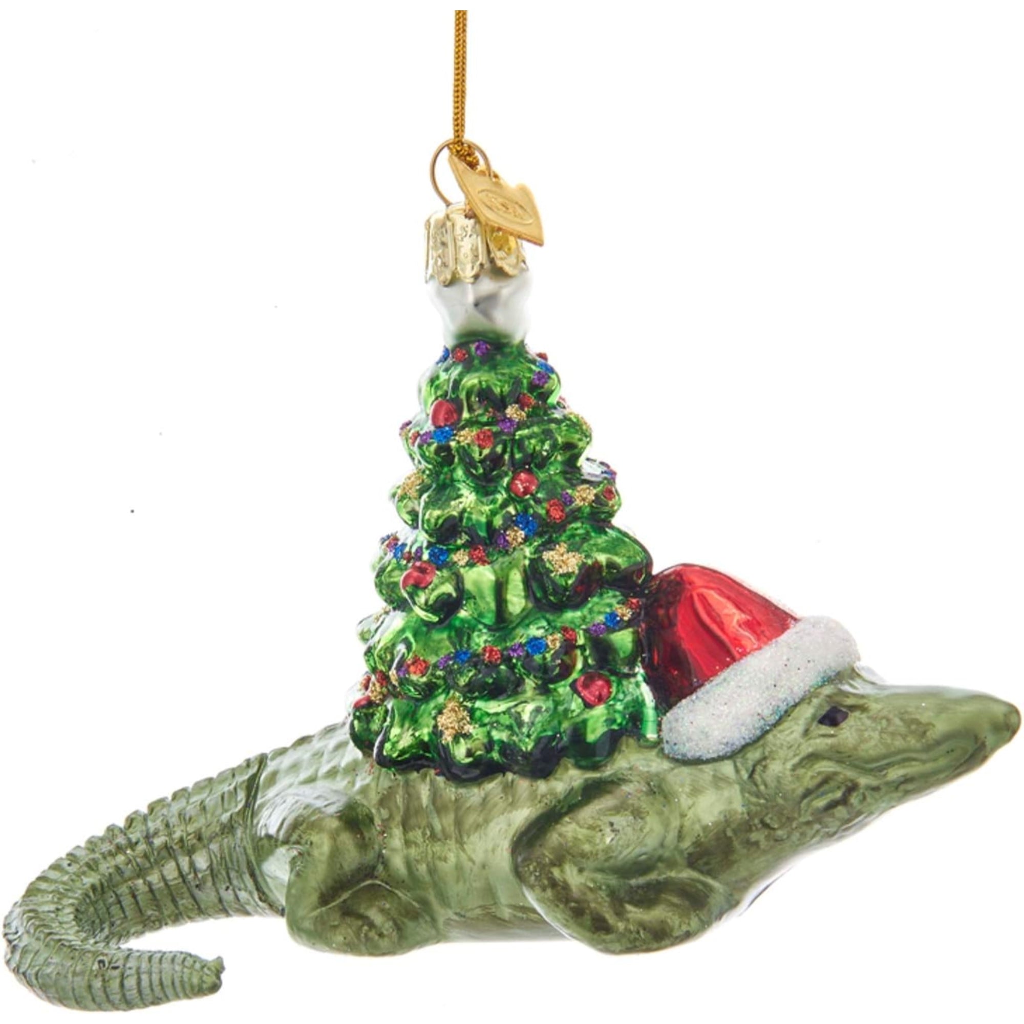 Kurt Adler Noble Gems Glass Ornament for Christmas Tree, Alligator with Christmas Tree