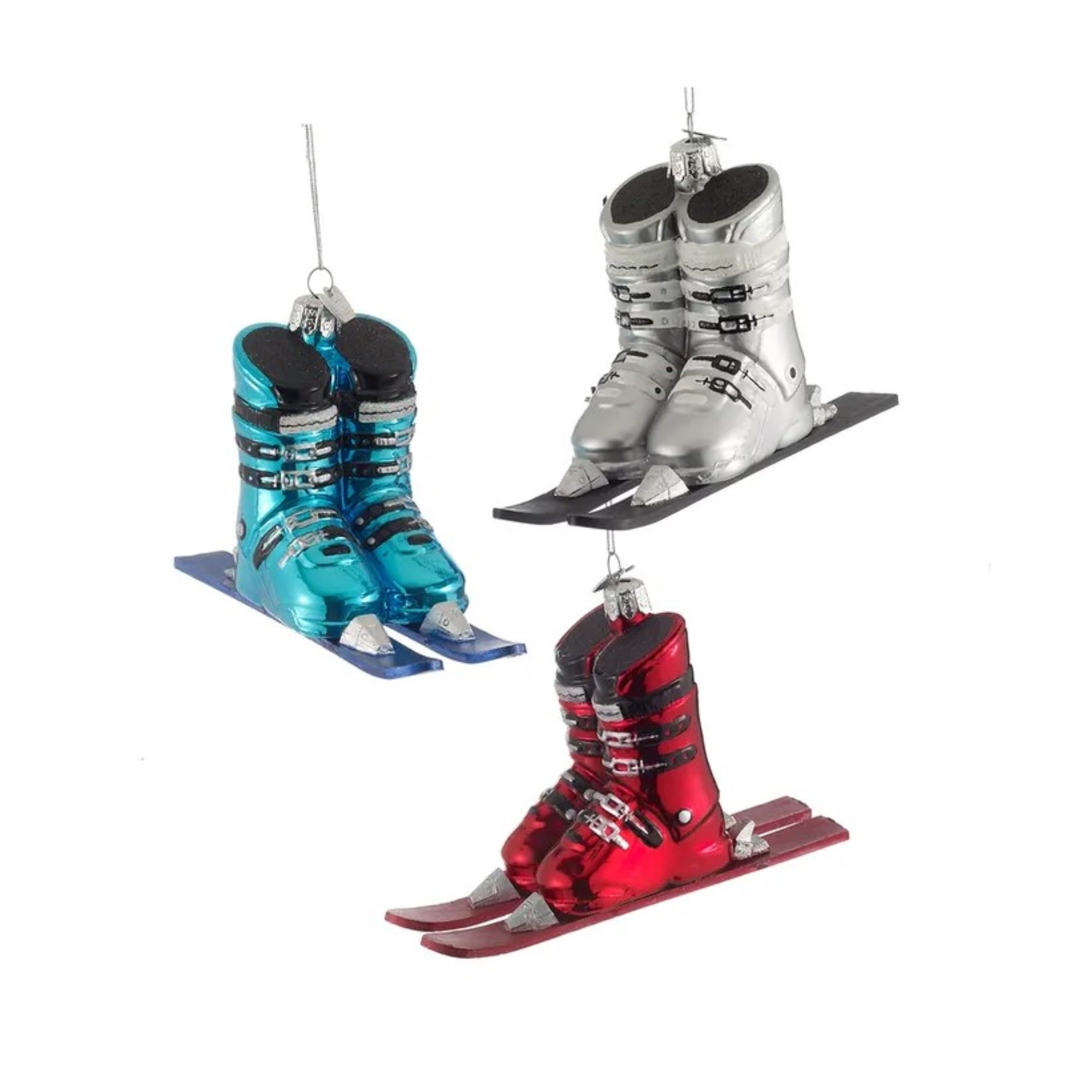Kurt Adler Noble Gems Glass Ornaments for Christmas Tree, Ski Boots with Skis, Assorted (Pack of 3)