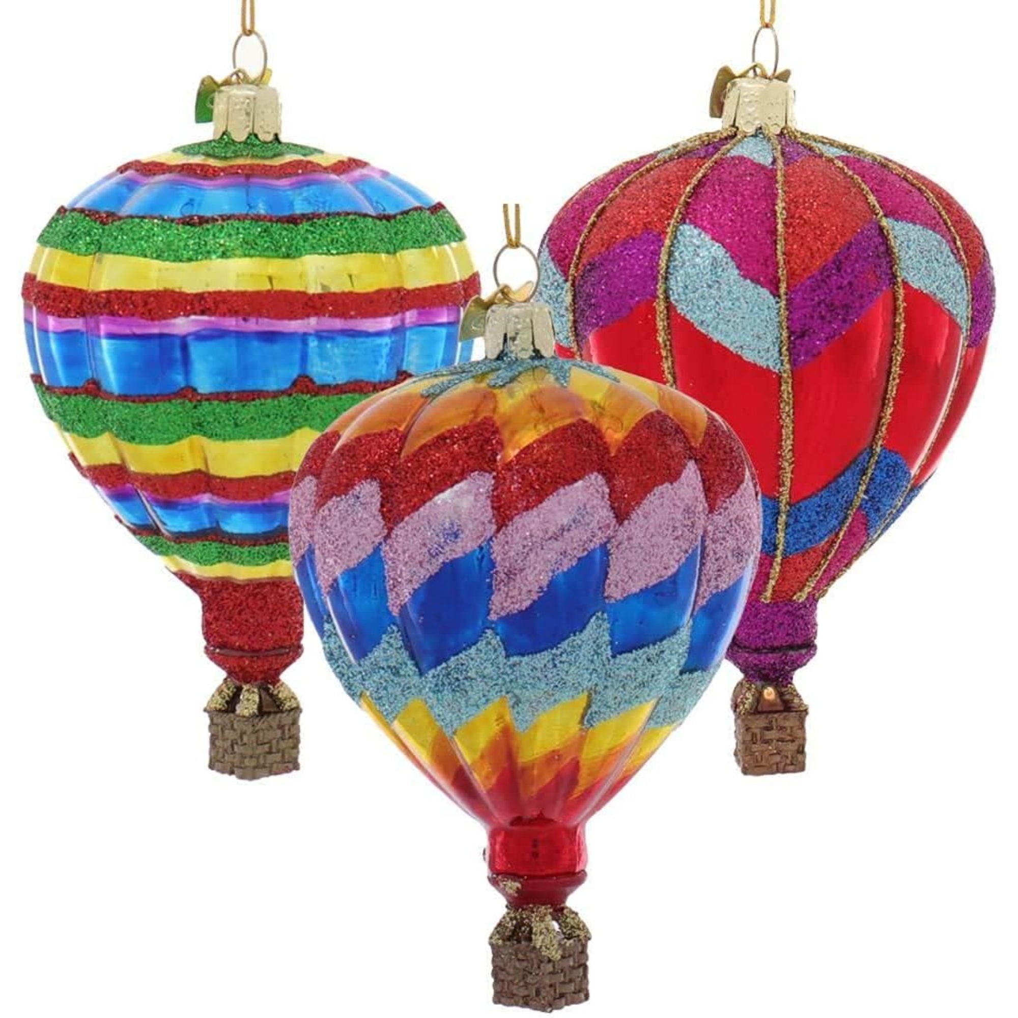 Kurt Adler Noble Gems Glass Ornaments for Christmas Tree, Hot Air Balloons, Assorted (Pack of 3)