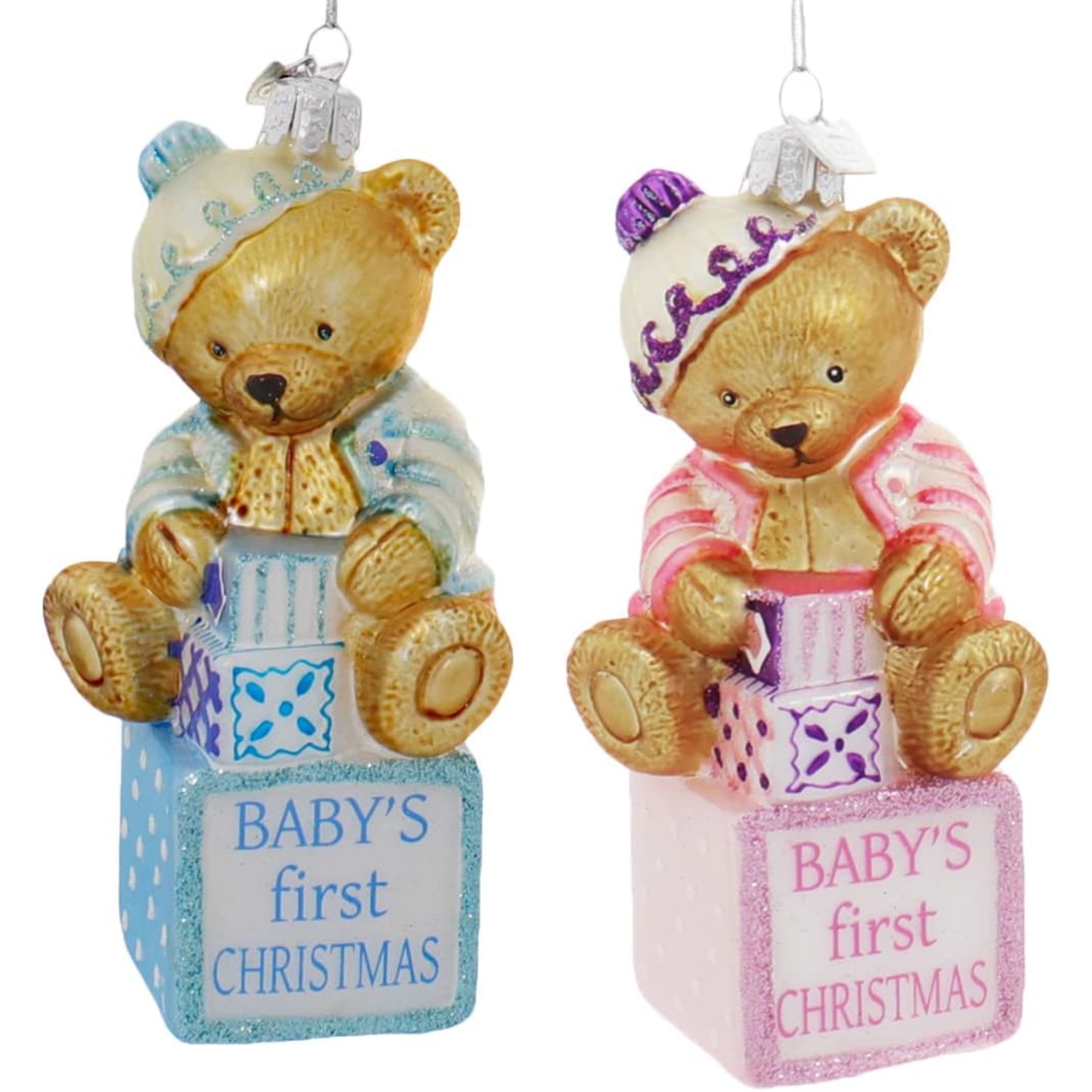 Kurt Adler Noble Gems Glass Ornaments for Christmas Tree, "Baby's First Christmas" Baby Bears on Blocks, Assorted (Pack of 2)