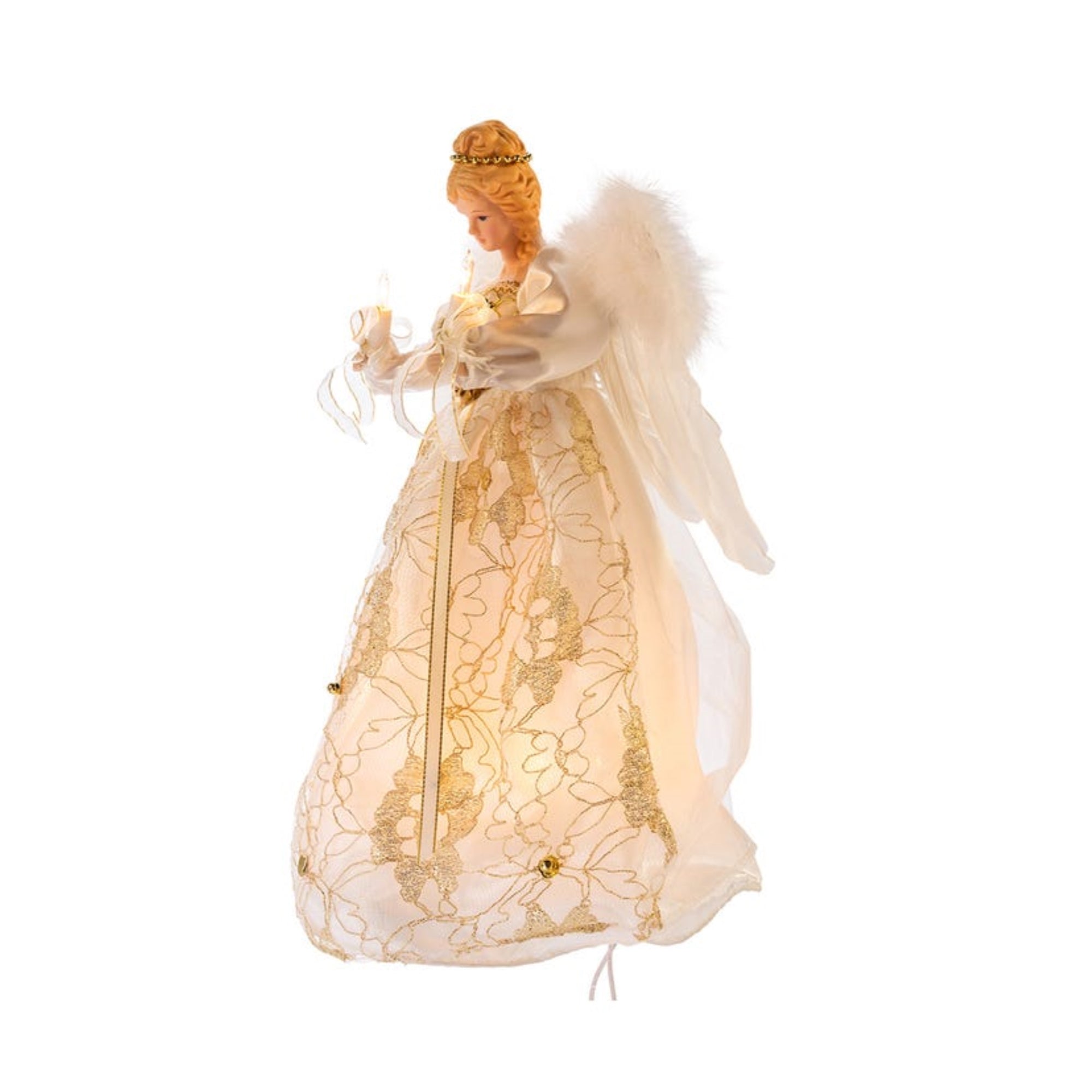 Kurt Adler 10-Light Angel Christmas Tree Topper, Ivory and Gold, 12"