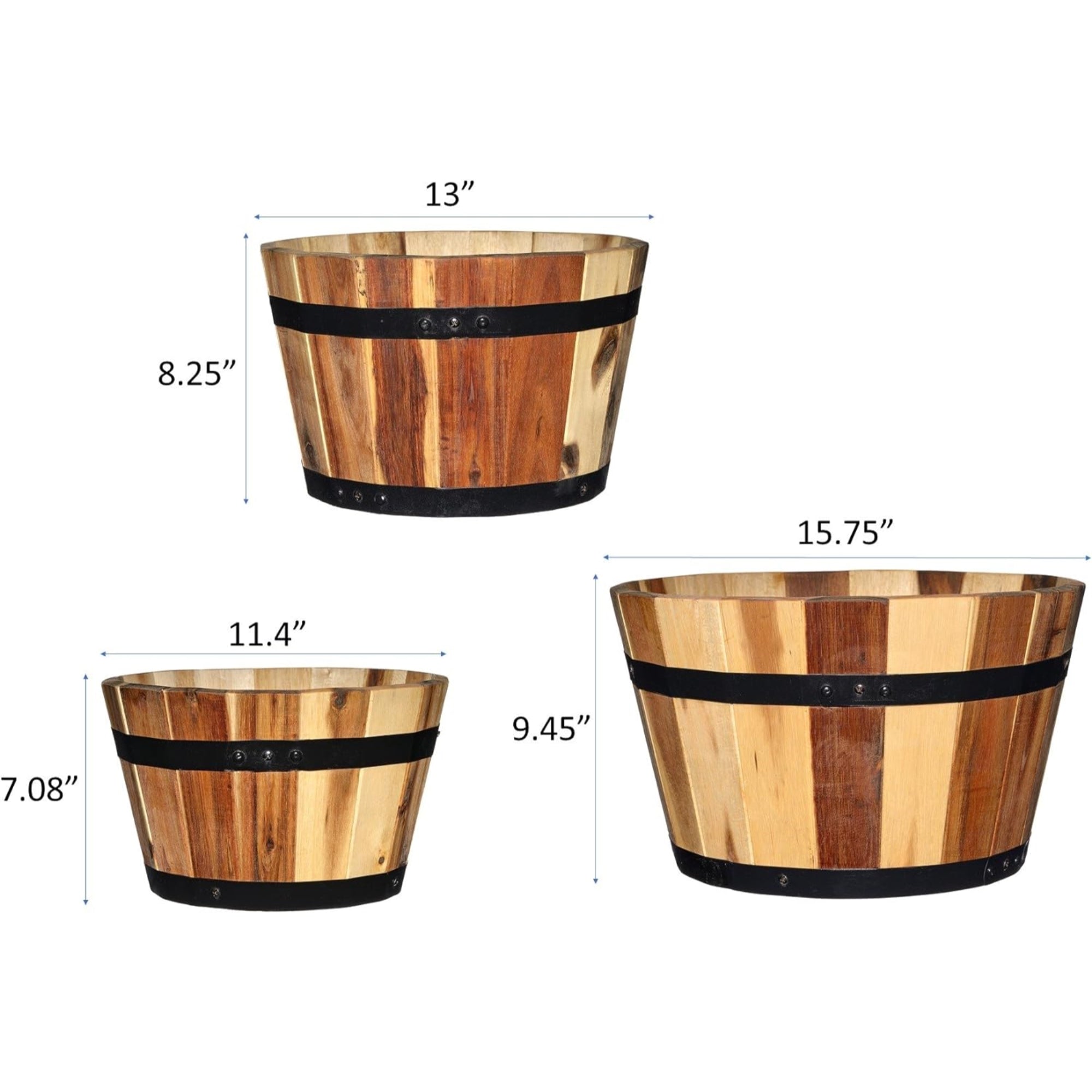 Classic Home and Garden Acacia Wood Whiskey Barrel Planters with Black Metal Band, Assorted Sizes (Set of 3)