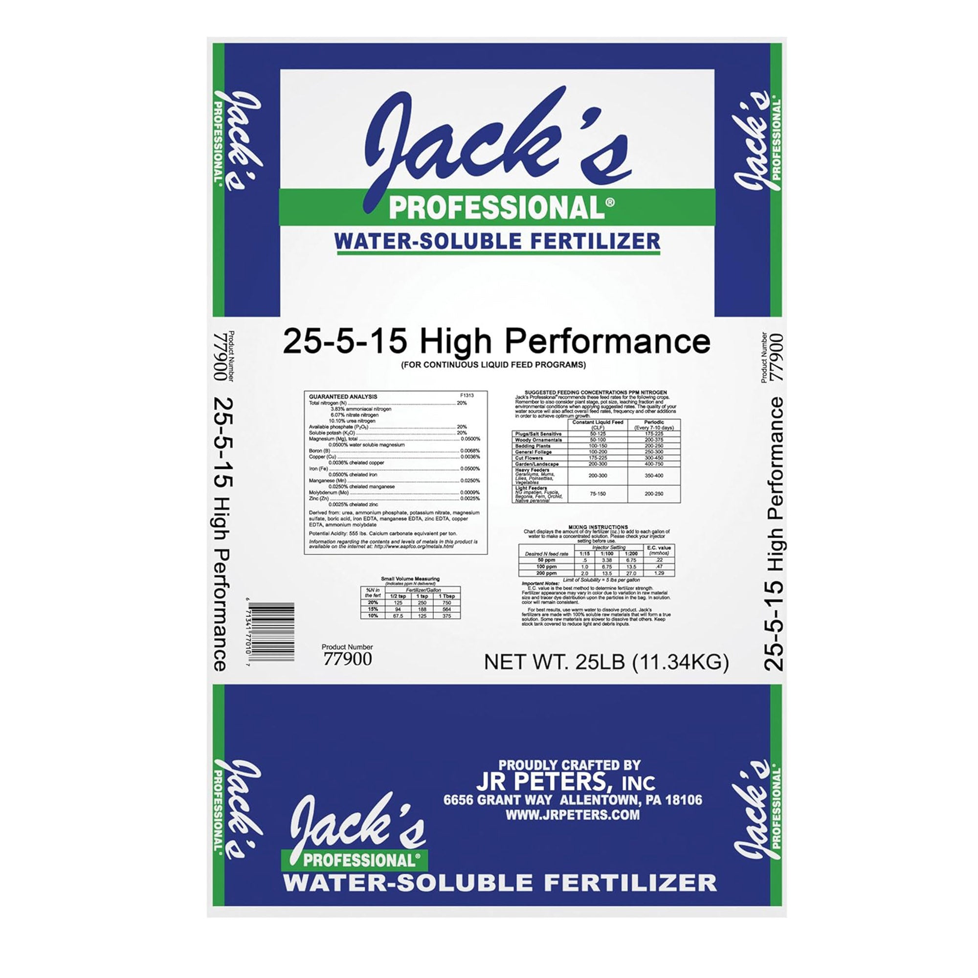 Jack's Professional 25-5-15 High Performance Water-Soluble Fertilizer with Micronutrients for Heavy Feeding Plants in Continuous Liquid Feed Programs, 25lbs