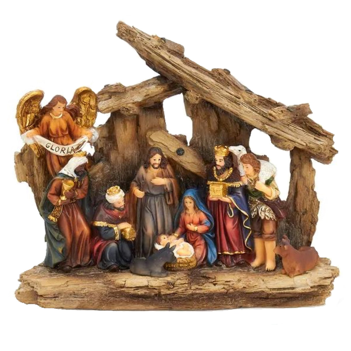 Kurt Adler Resin Single-Piece Nativity Scene Table Display – Stationary Figurines in Stable, 7"