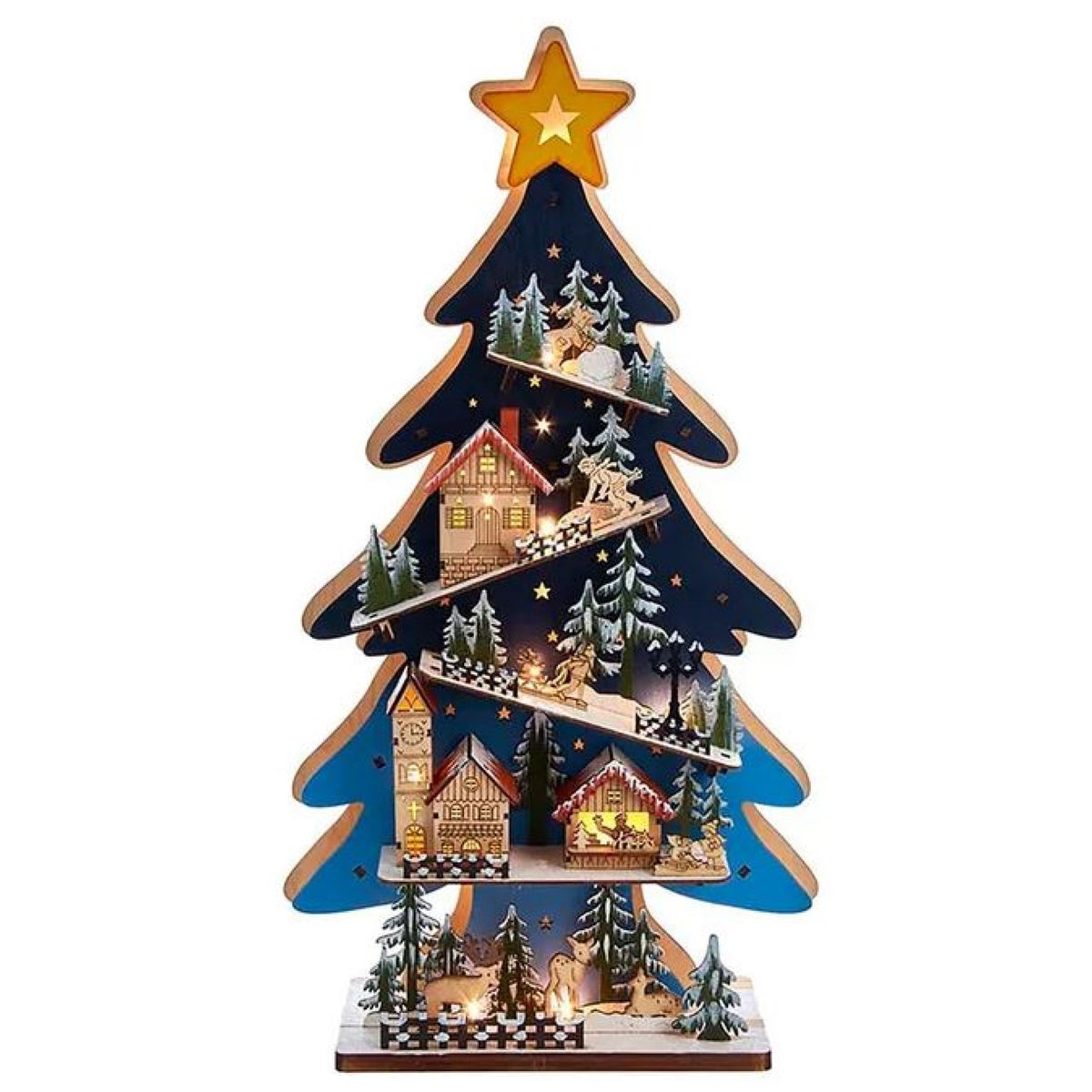 Kurt Adler Battery-Operated LED-Lit Wooden Christmas Tree with Village, 23.5"