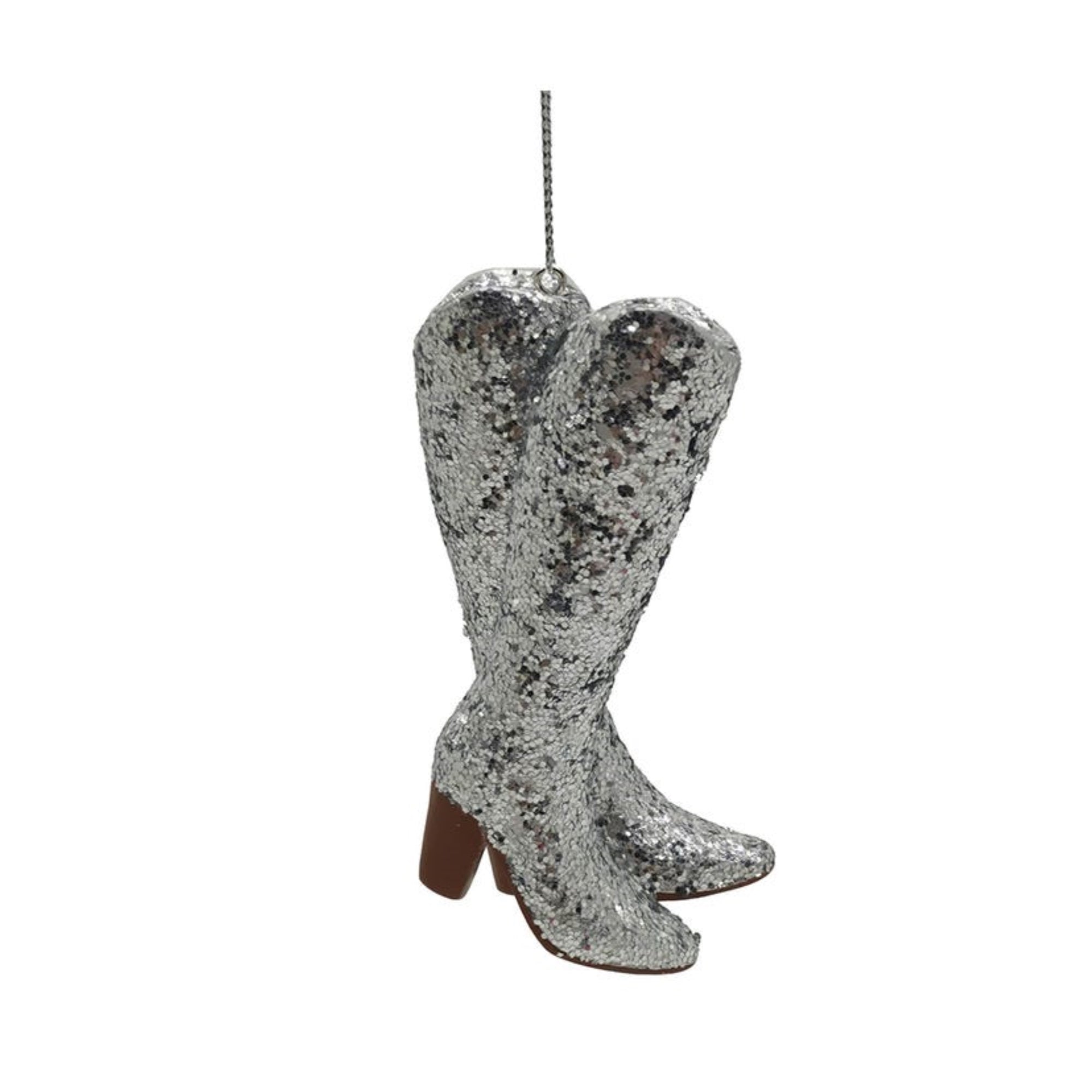 Kurt Adler Hanging Resin Christmas Tree Ornament, Silver Glitter Cowboy Boots