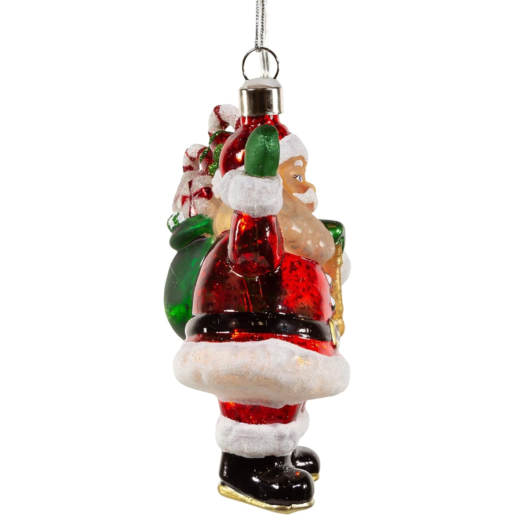 Kurt Adler Hanging Glass Christmas Tree Ornament, USB Warm White LED Santa With Gift Bag