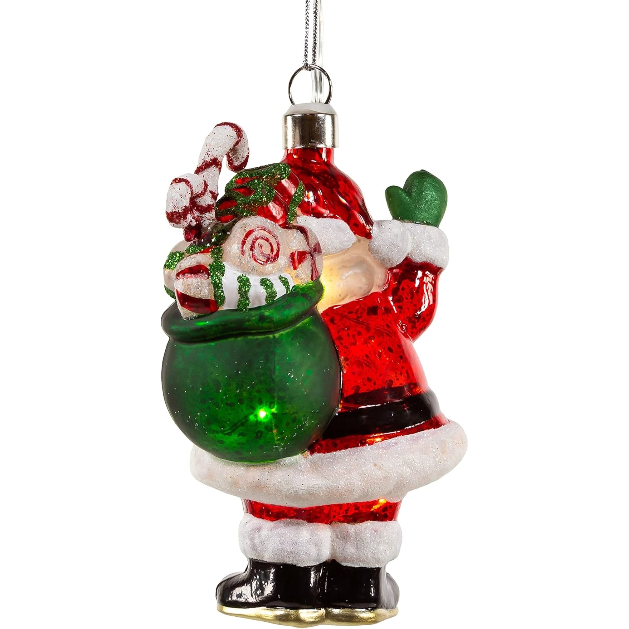 Kurt Adler Hanging Glass Christmas Tree Ornament, USB Warm White LED Santa With Gift Bag