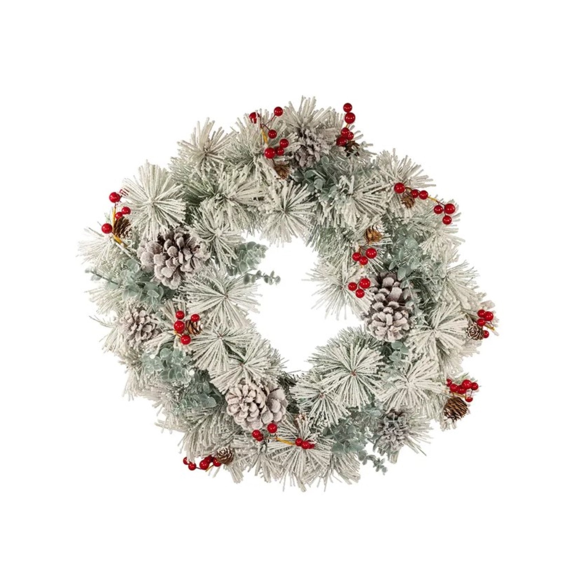 Kurt Adler Unlit Fax Snow, Red Berries and Pinecone Holiday Wreath, 24in